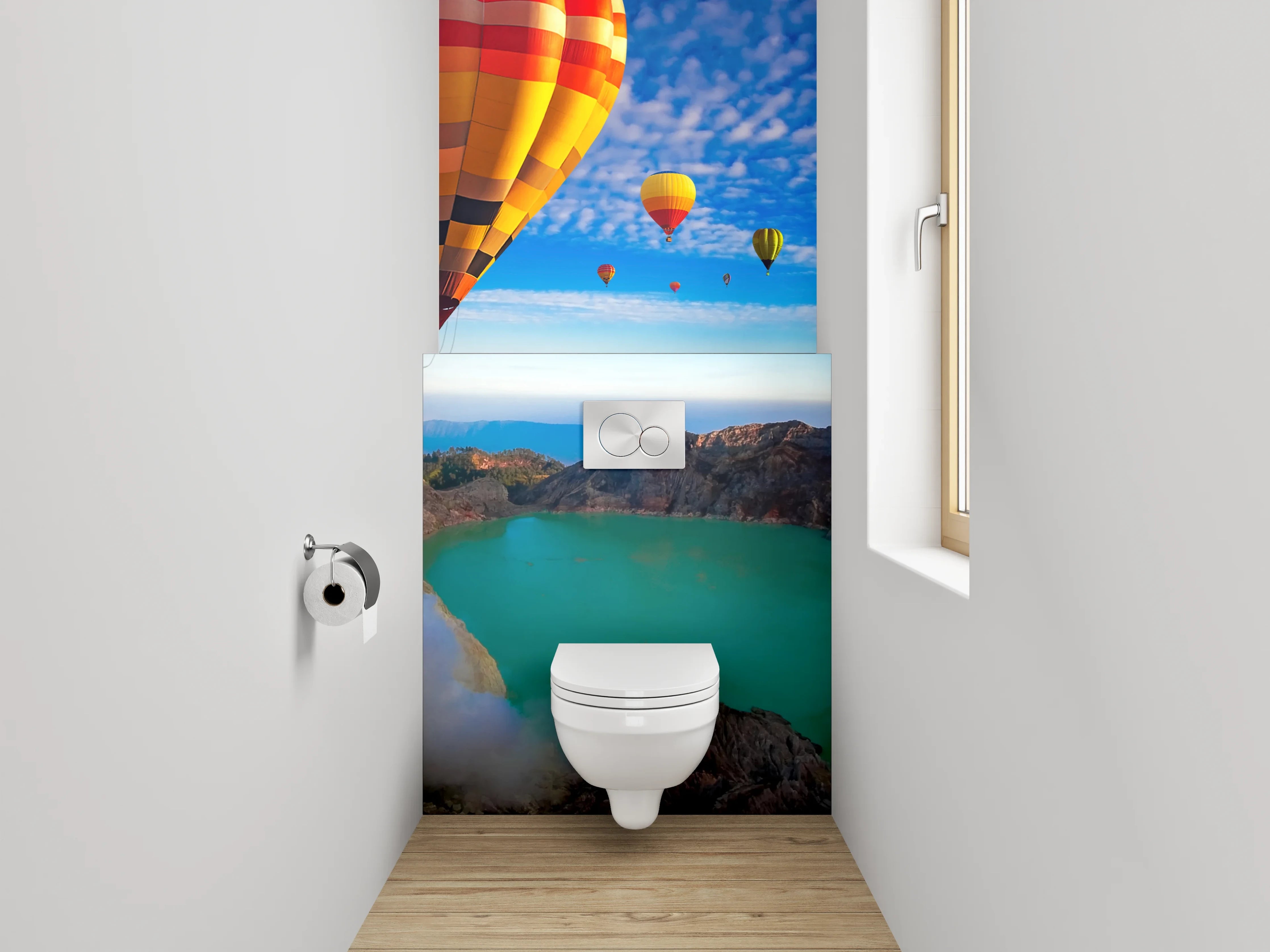 WC-Rückwand - Heißluftballons über türkisfarbenem Kratersee