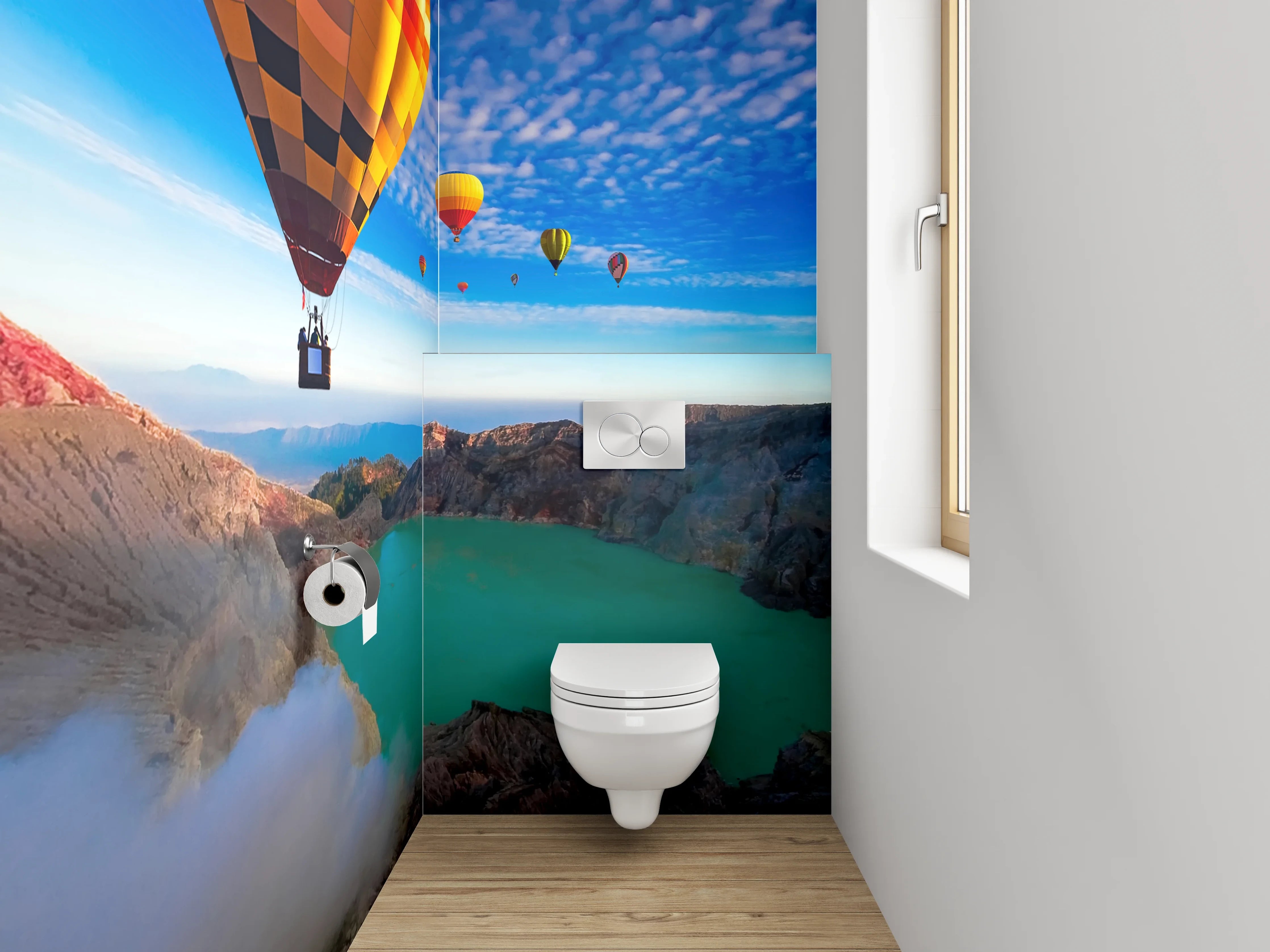 WC-Rückwand - Heißluftballons über türkisfarbenem Kratersee