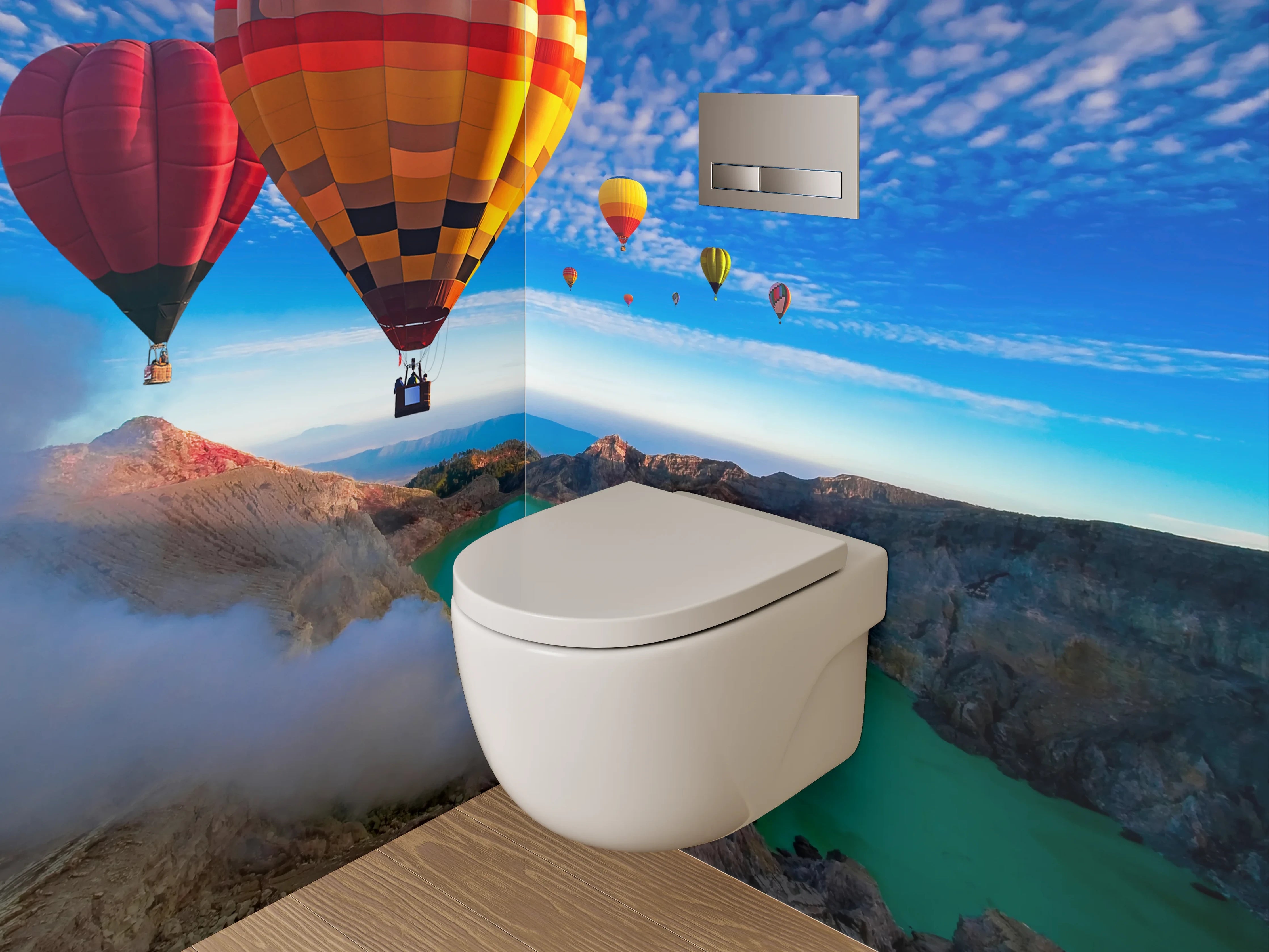 WC-Rückwand - Heißluftballons über türkisfarbenem Kratersee