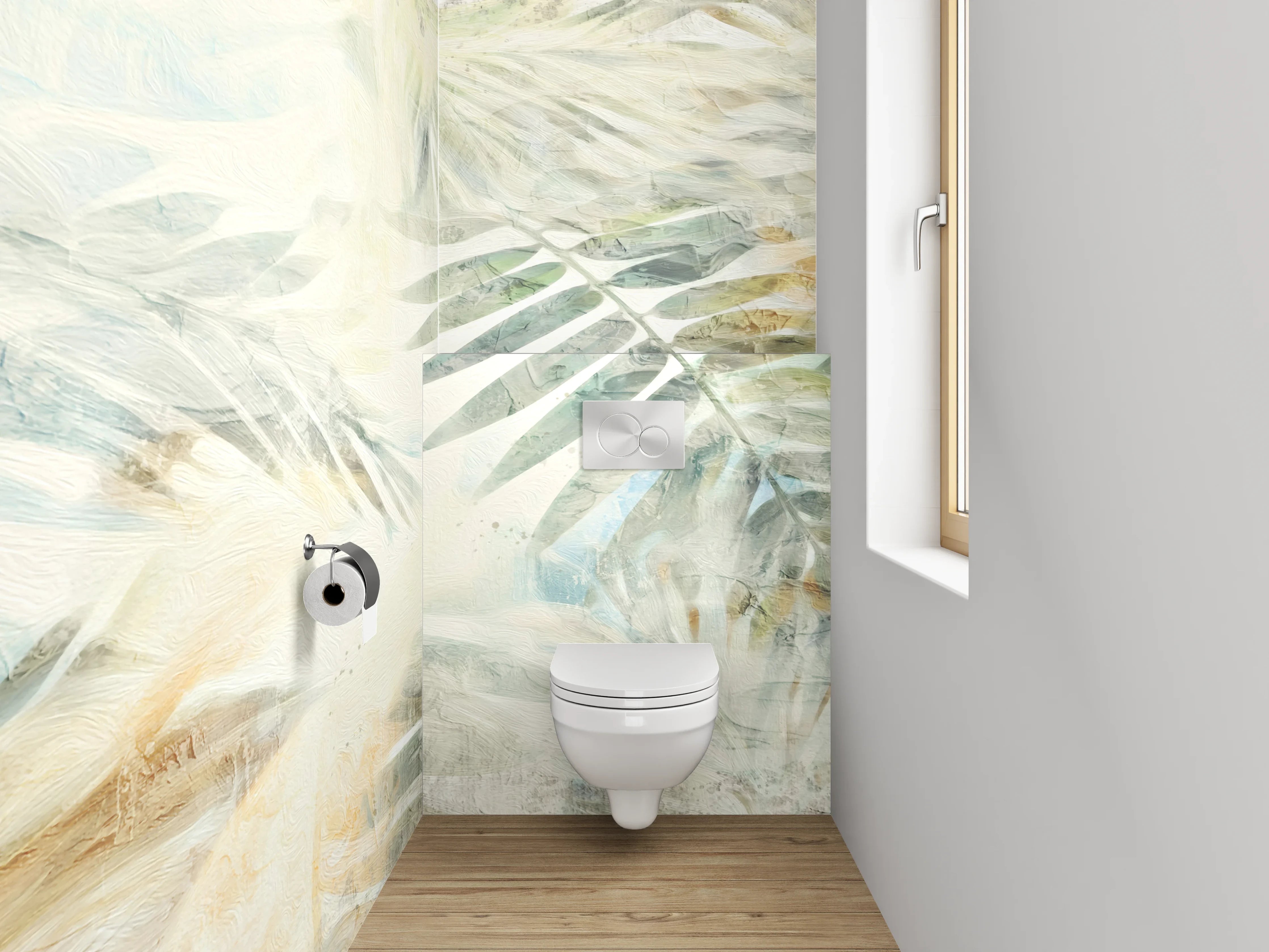 WC-Rückwand - Helle Aquarell-Palmenblätter Weiß Beige