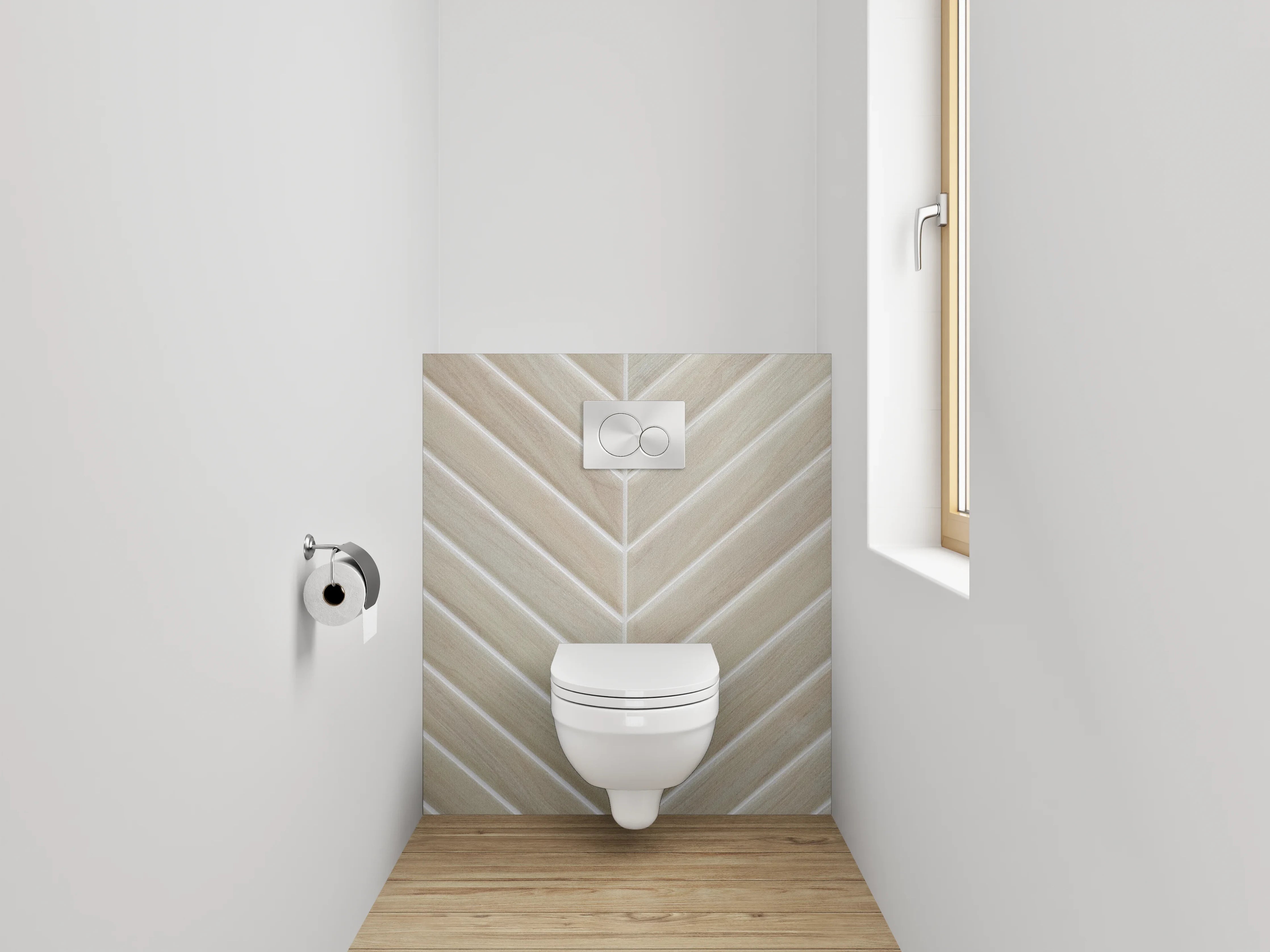 WC-Rückwand - Helle Holzoptik Chevron Fliesenmuster