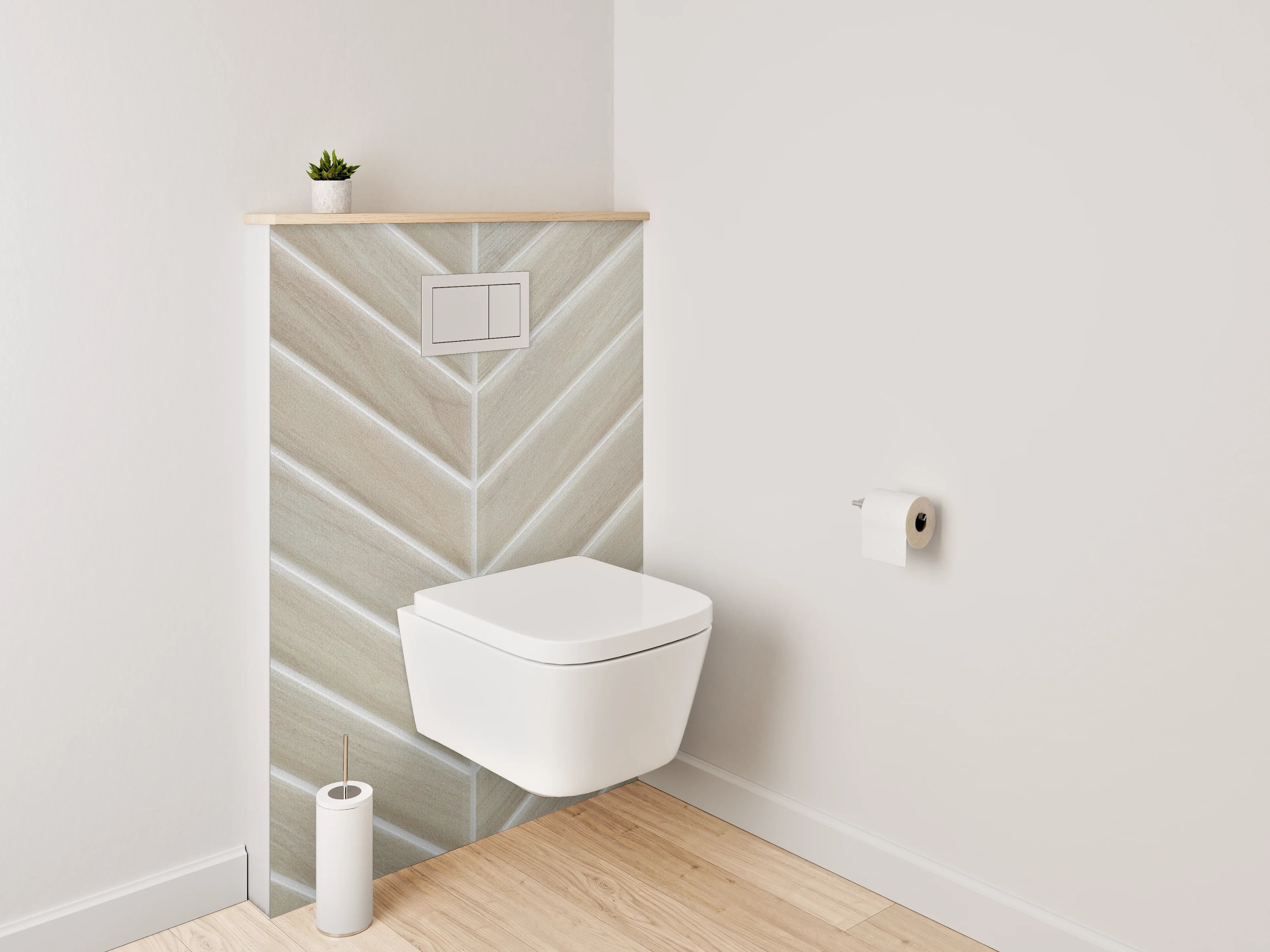 WC-Rückwand - Helle Holzoptik Chevron Fliesenmuster