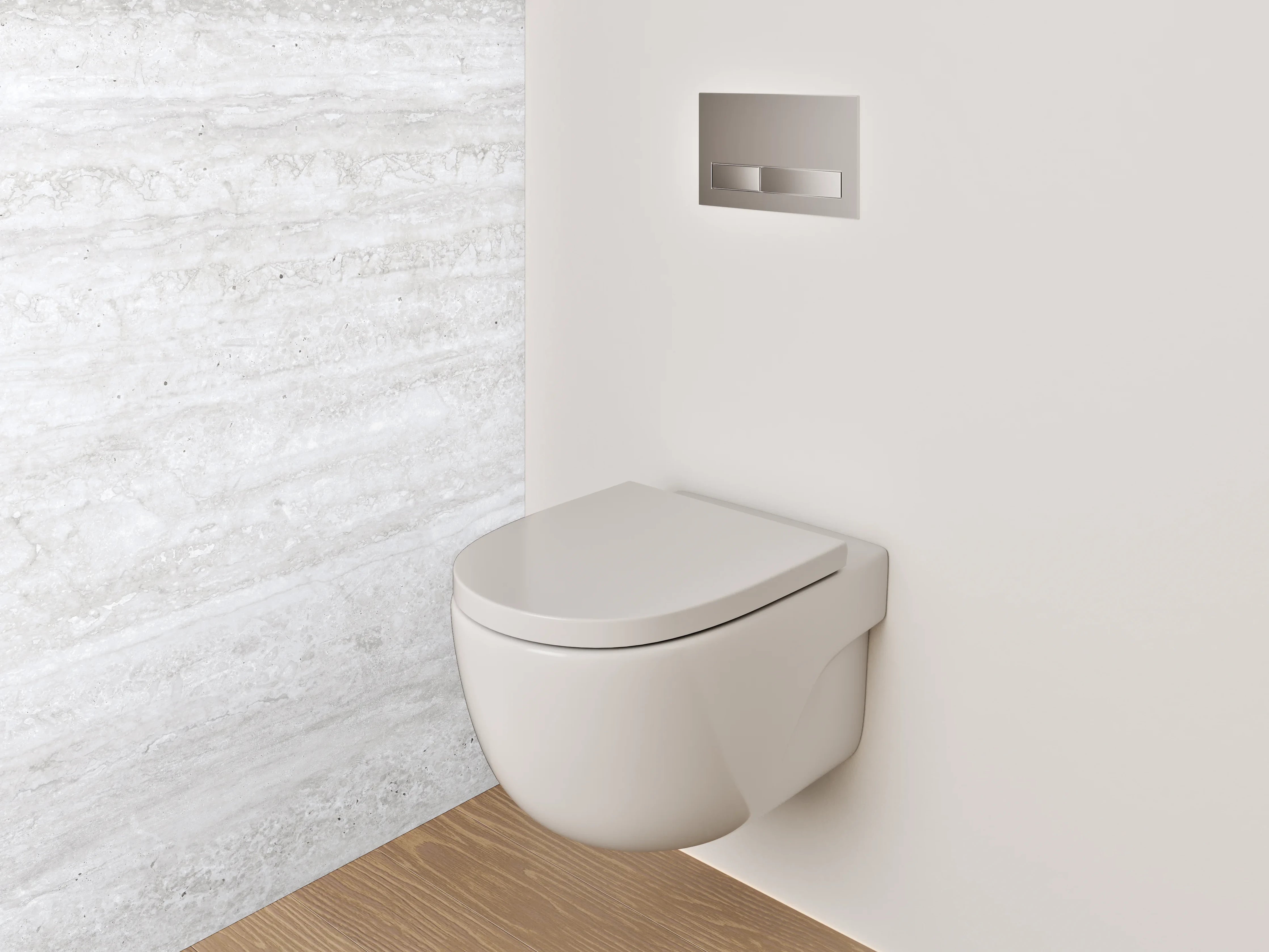 WC-Rückwand - Helle Holztapete in neutralen Tönen