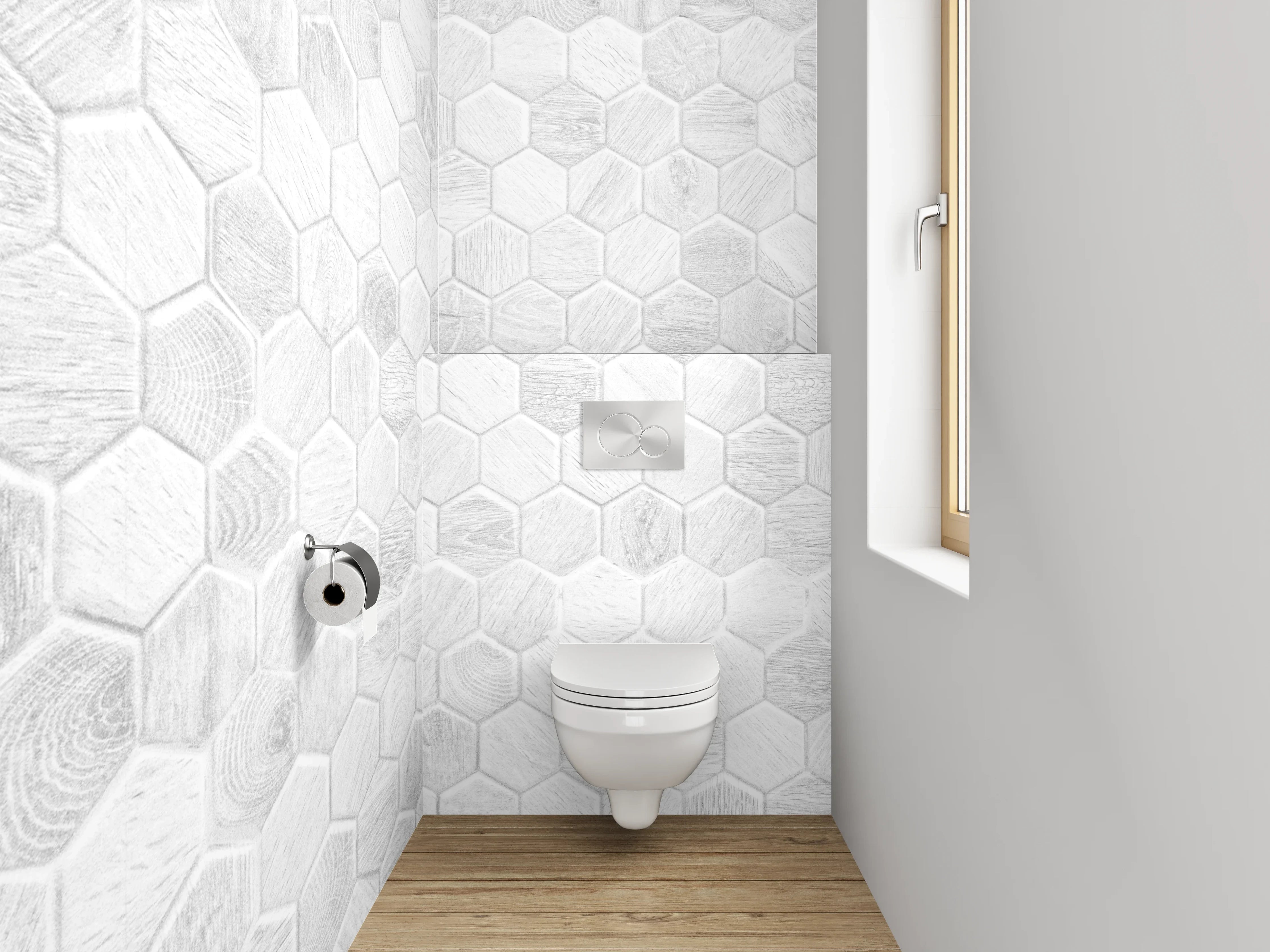 WC-Rückwand - Helle hexagonale Mosaik-Fliesen weiß-grau