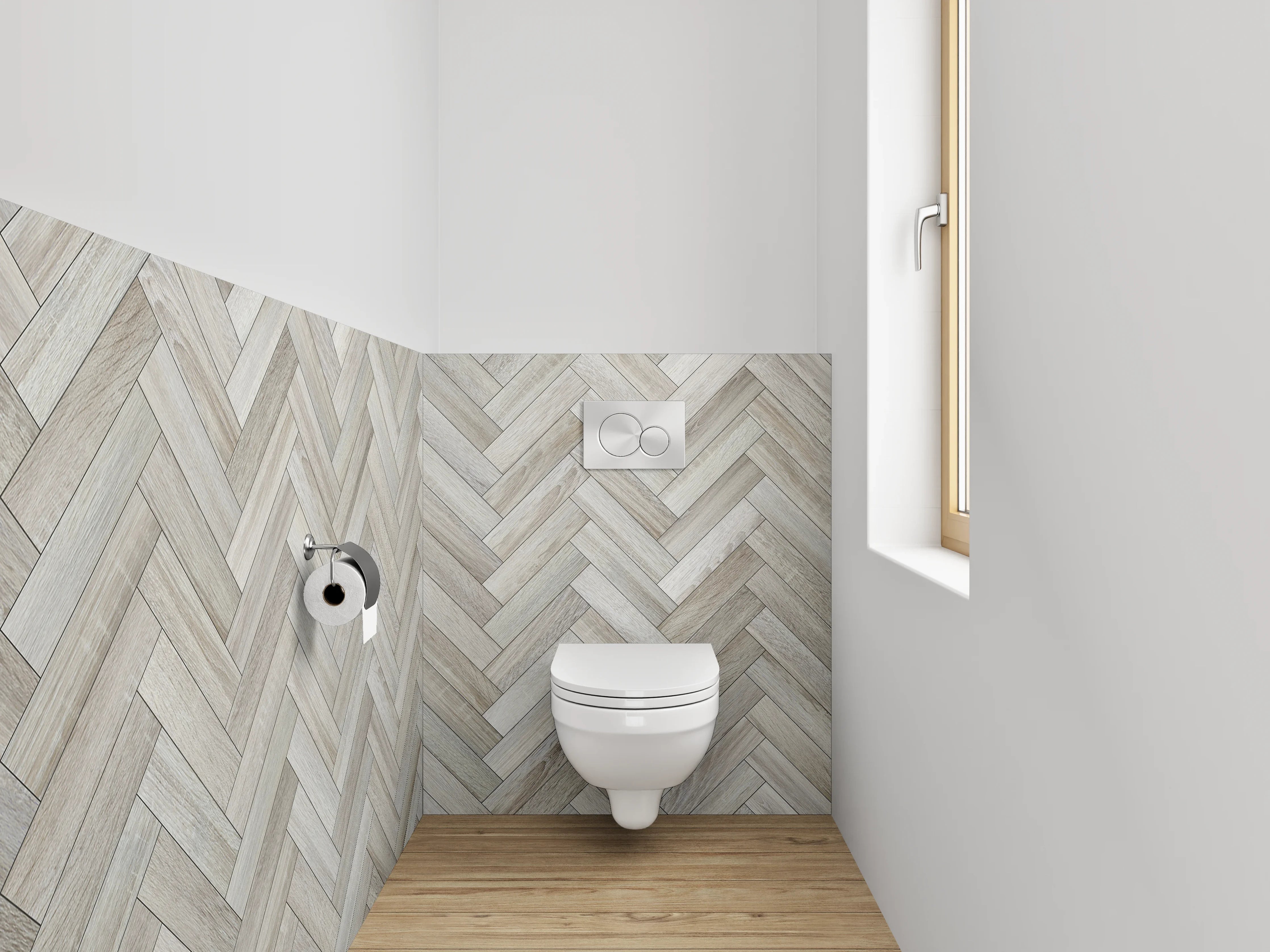 WC-Rückwand - Heller Fischgräten-Mosaik Stil