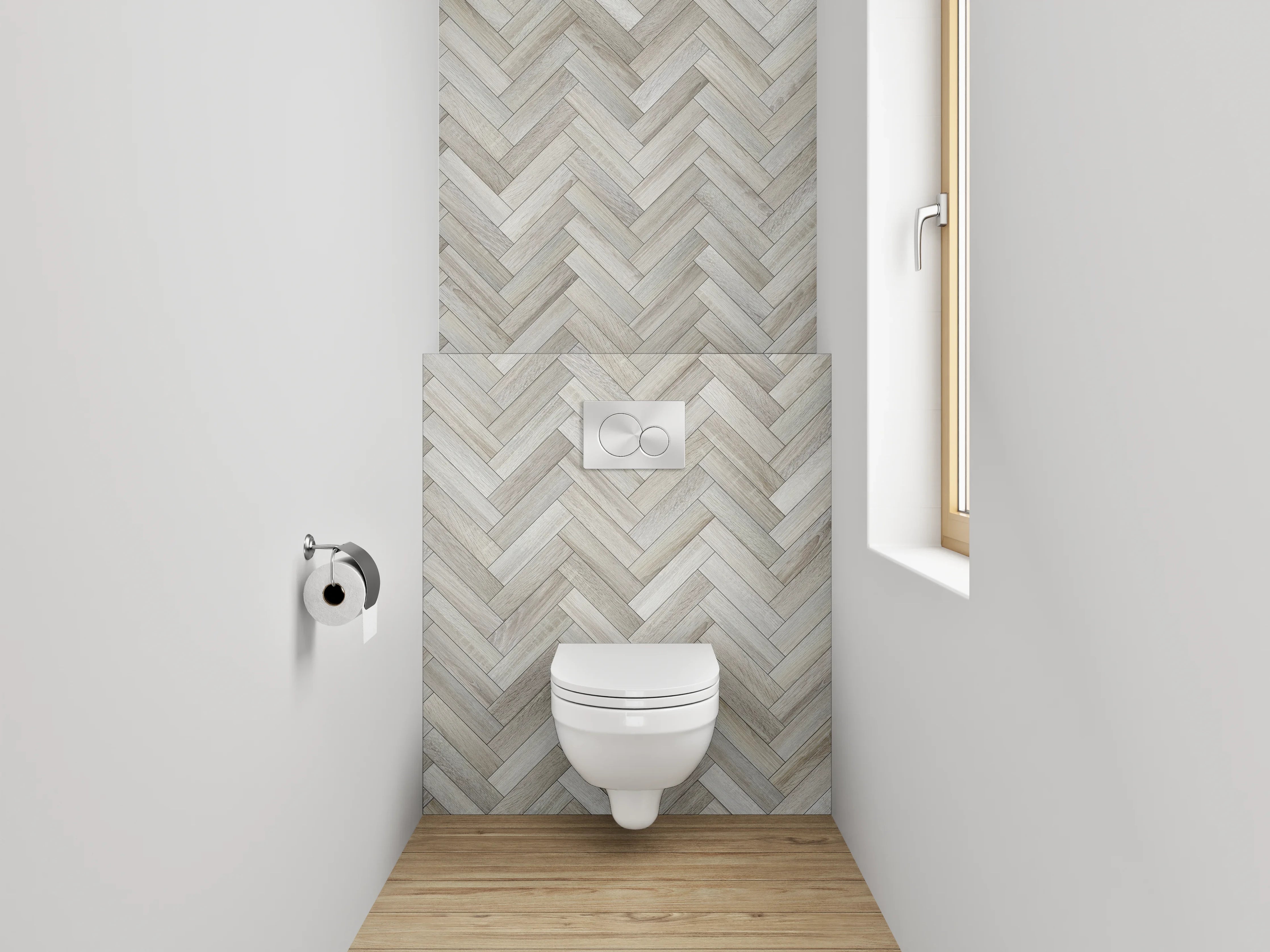 WC-Rückwand - Heller Fischgräten-Mosaik Stil