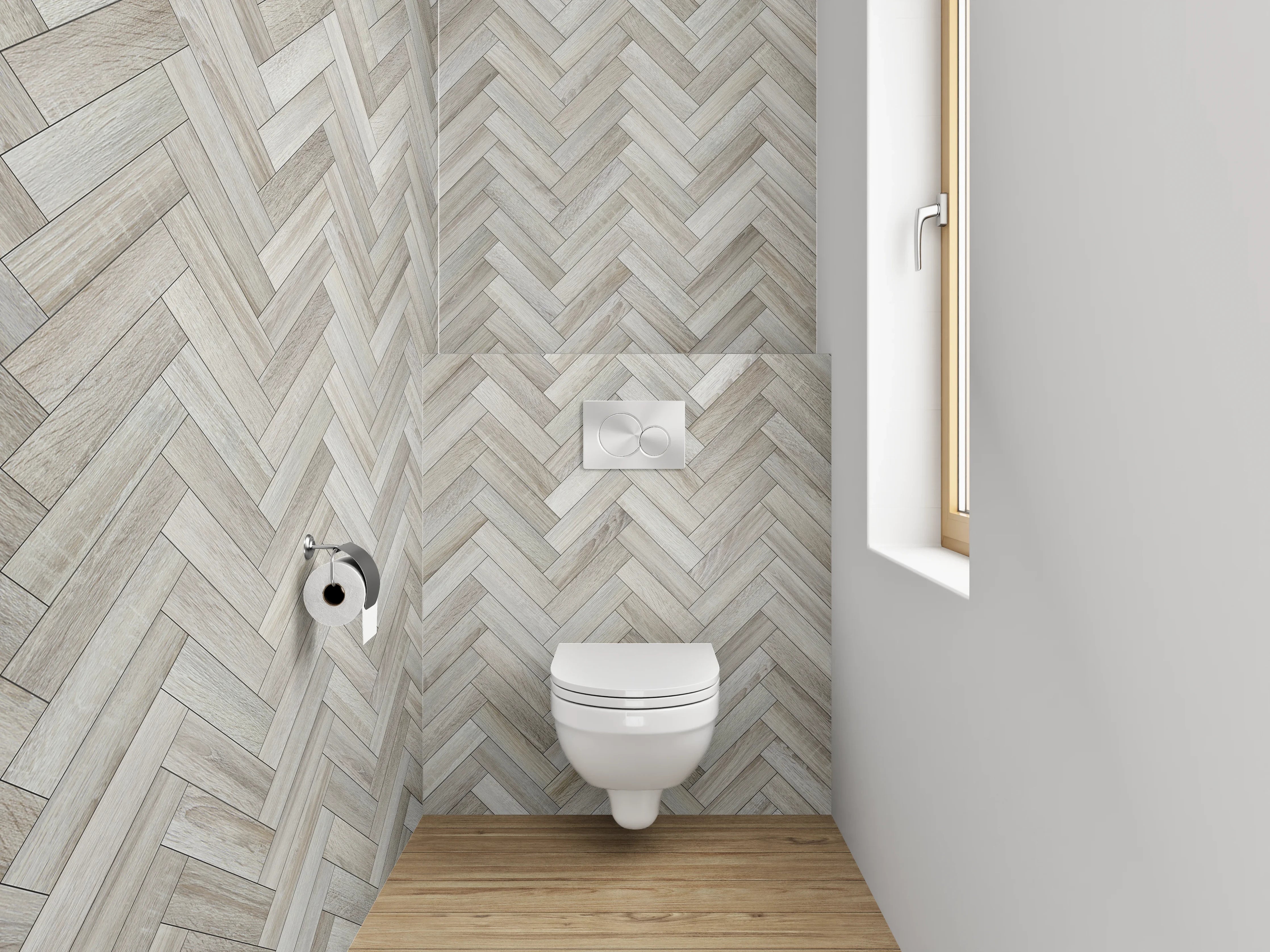 WC-Rückwand - Heller Fischgräten-Mosaik Stil