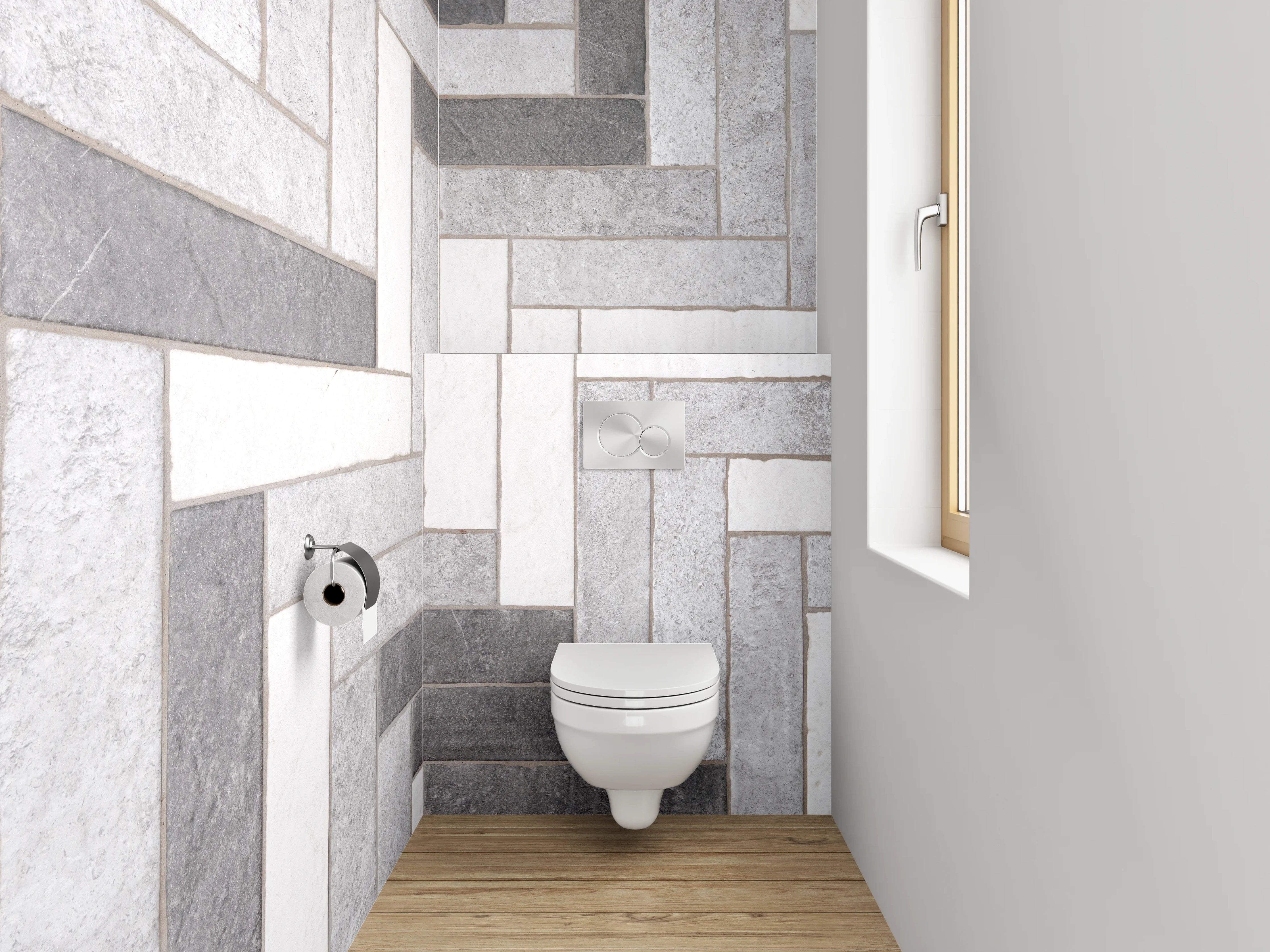 WC-Rückwand - Heller Fliesen-Mosaik-Look in Grau-Weiß