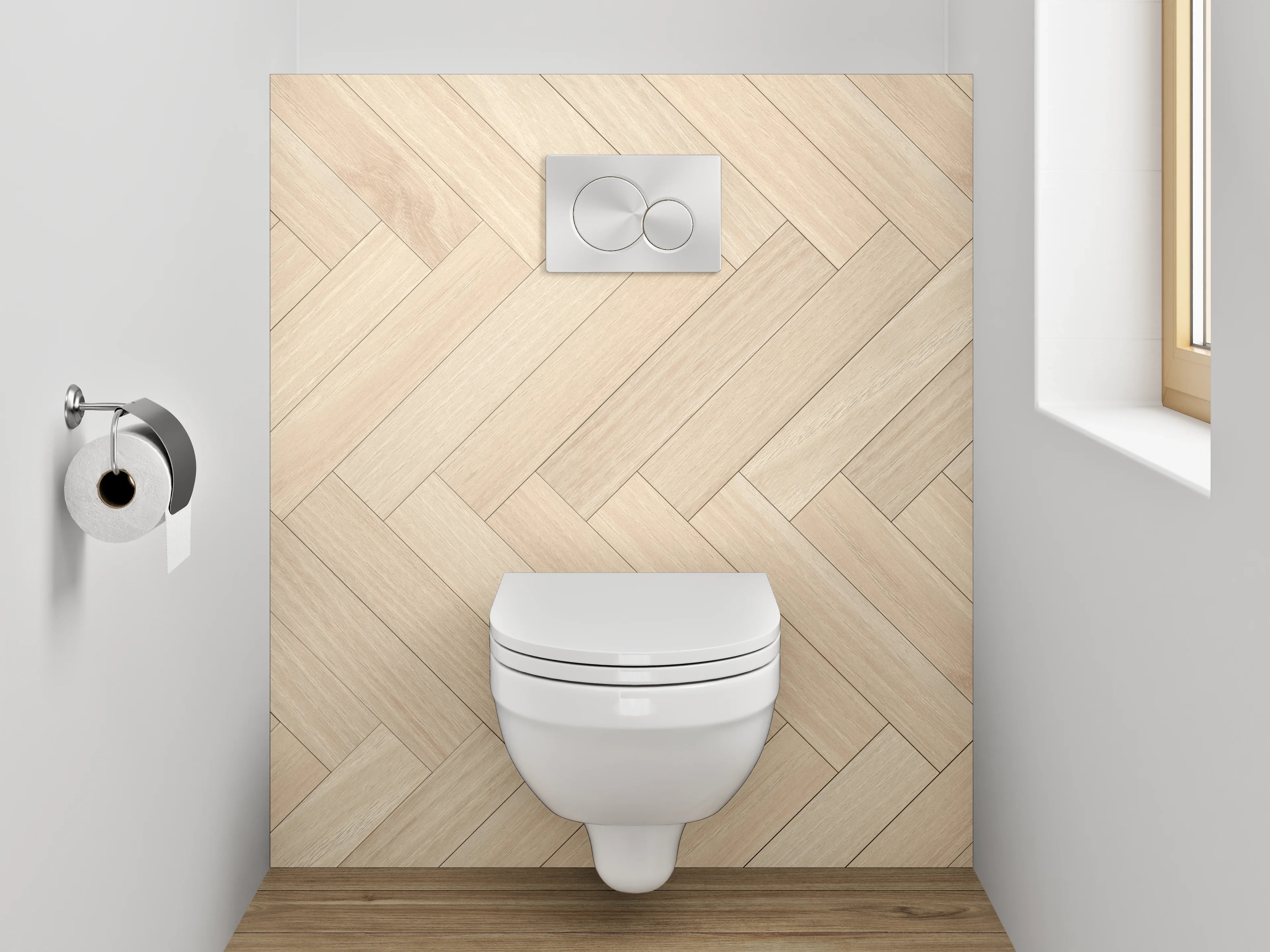 WC-Rückwand - Heller Holzparkett im Herringbone-Muster