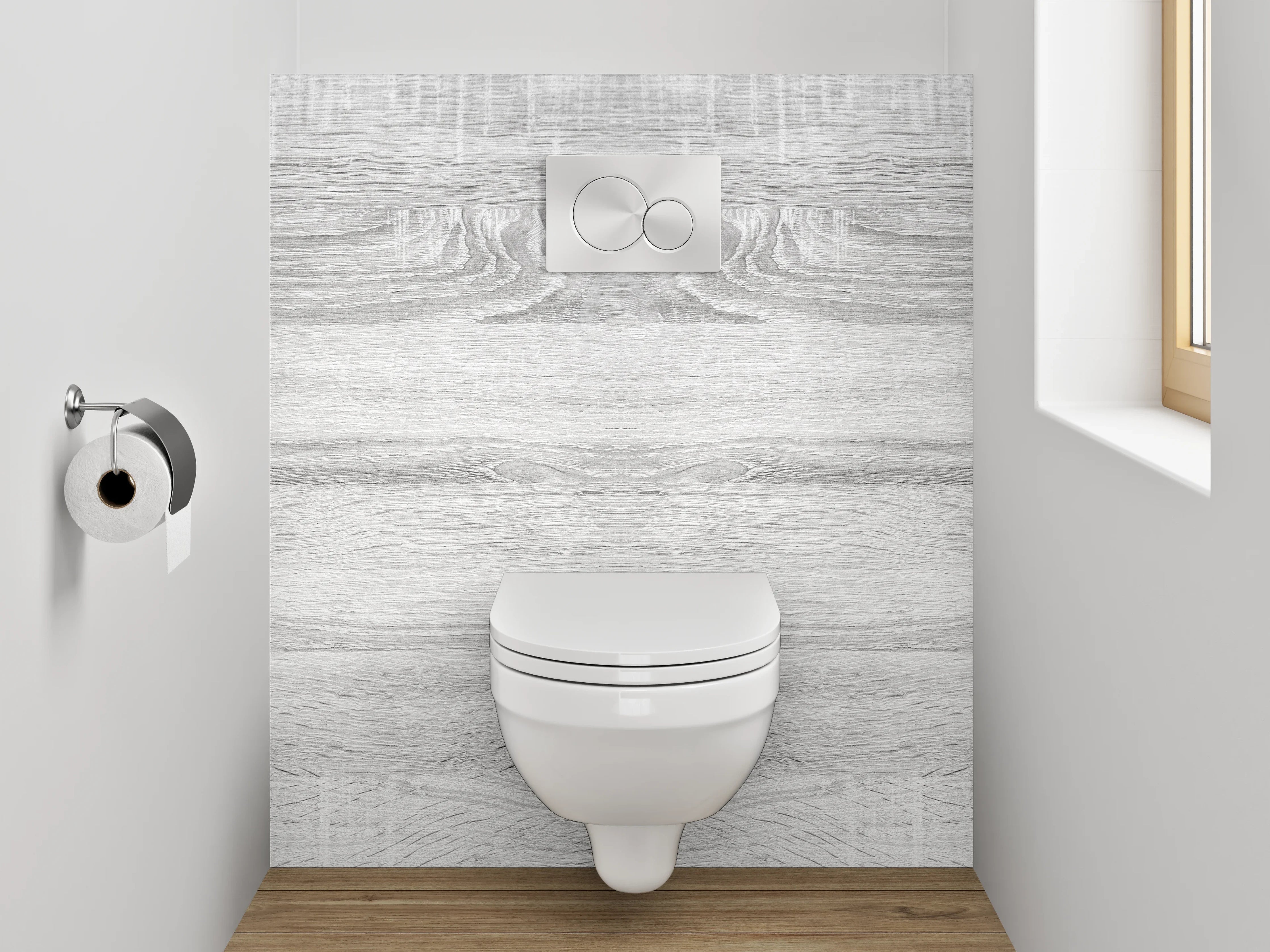 WC-Rückwand - Helles Holzdekor in Weiß-Grau