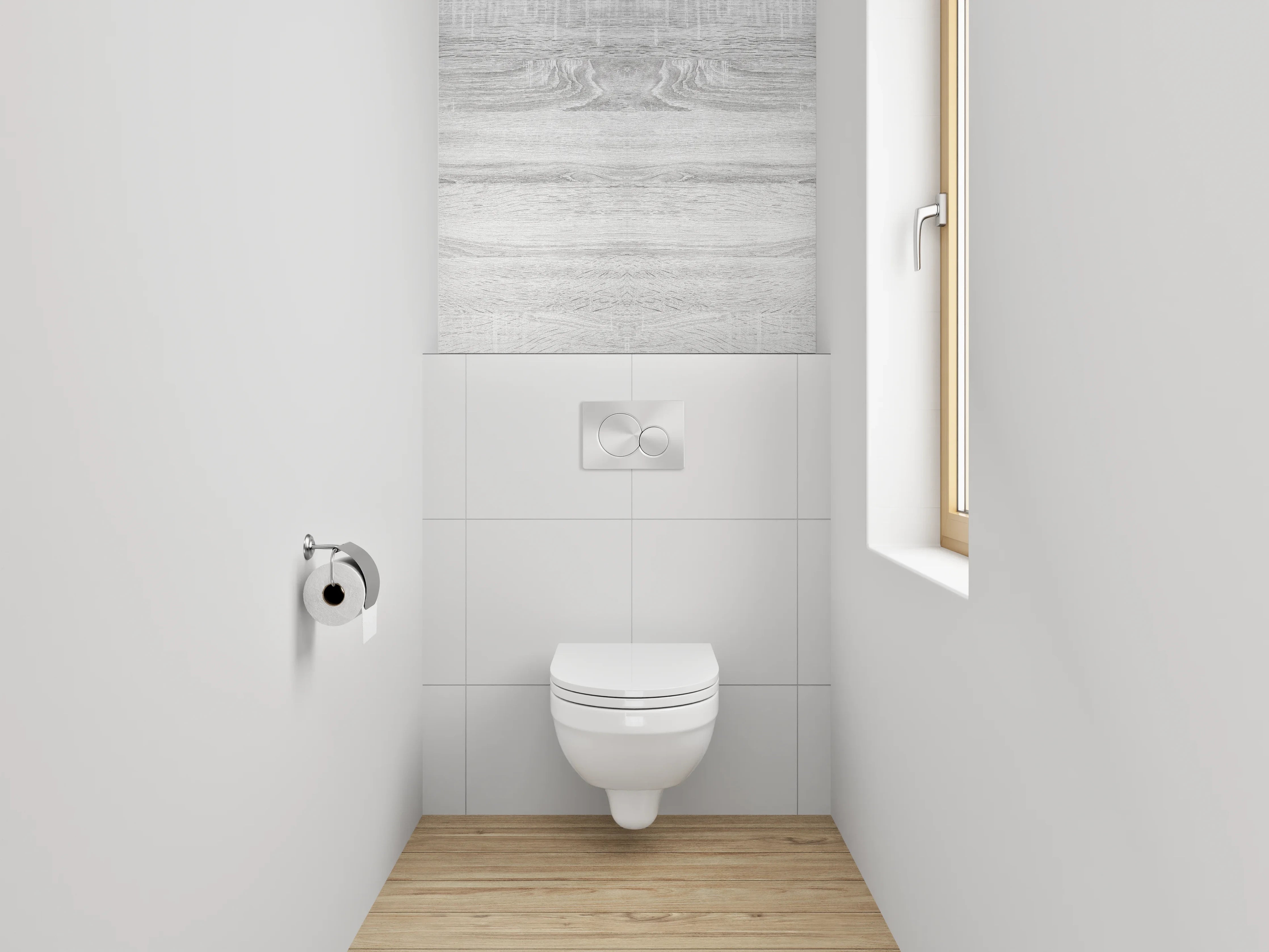 WC-Rückwand - Helles Holzdekor in Weiß-Grau