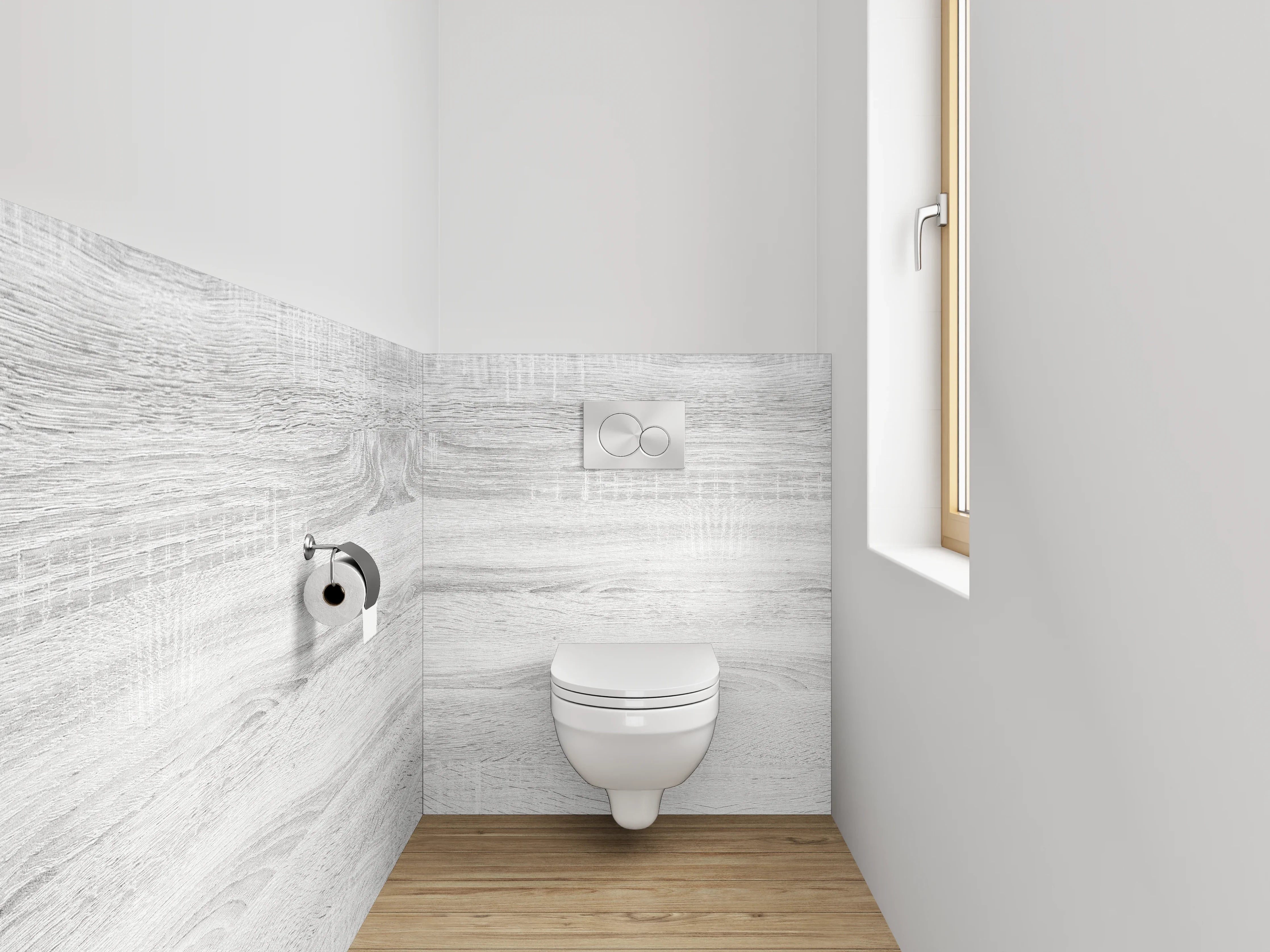 WC-Rückwand - Helles Holzdekor in Weiß-Grau