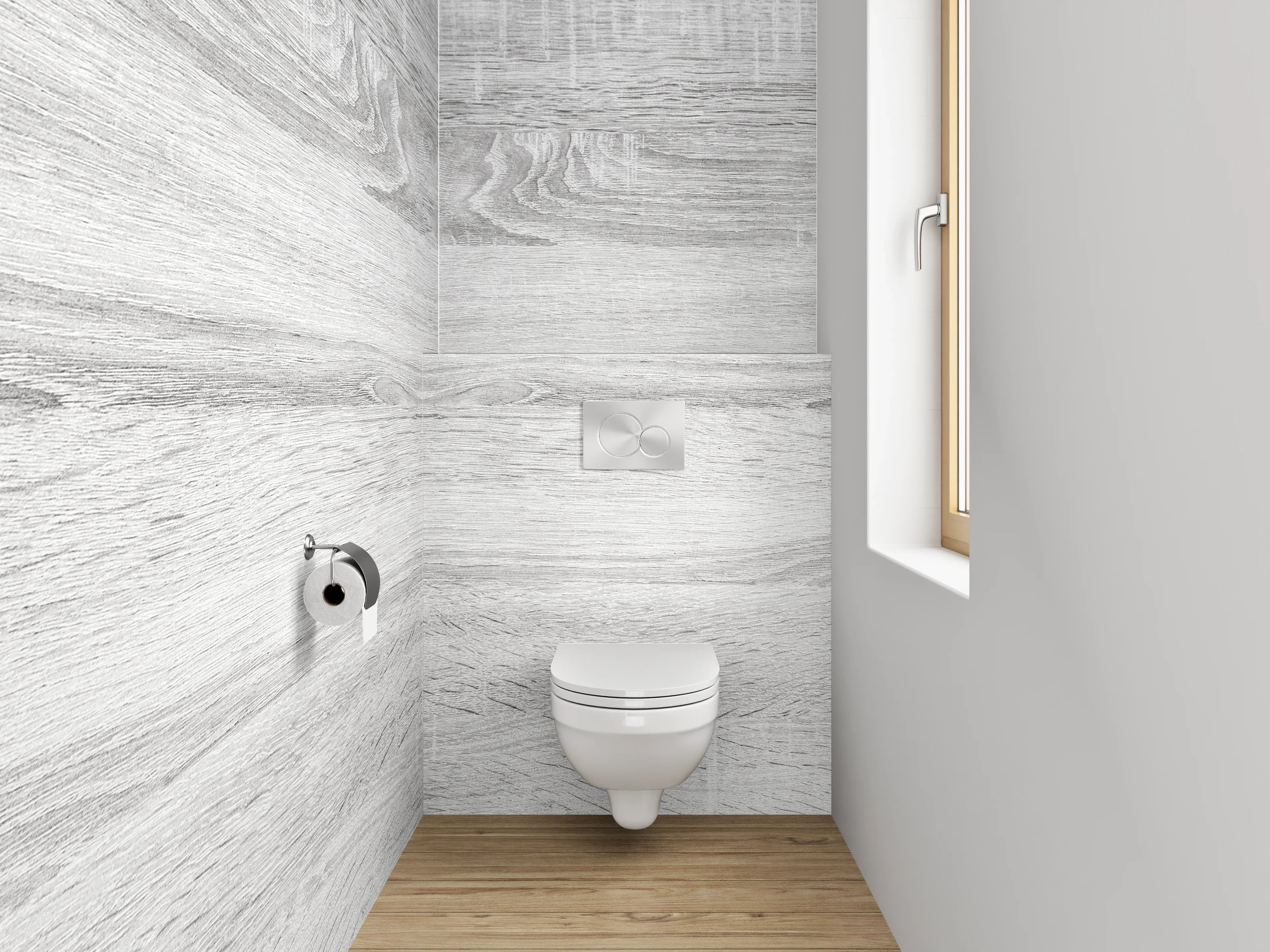 WC-Rückwand - Helles Holzdekor in Weiß-Grau