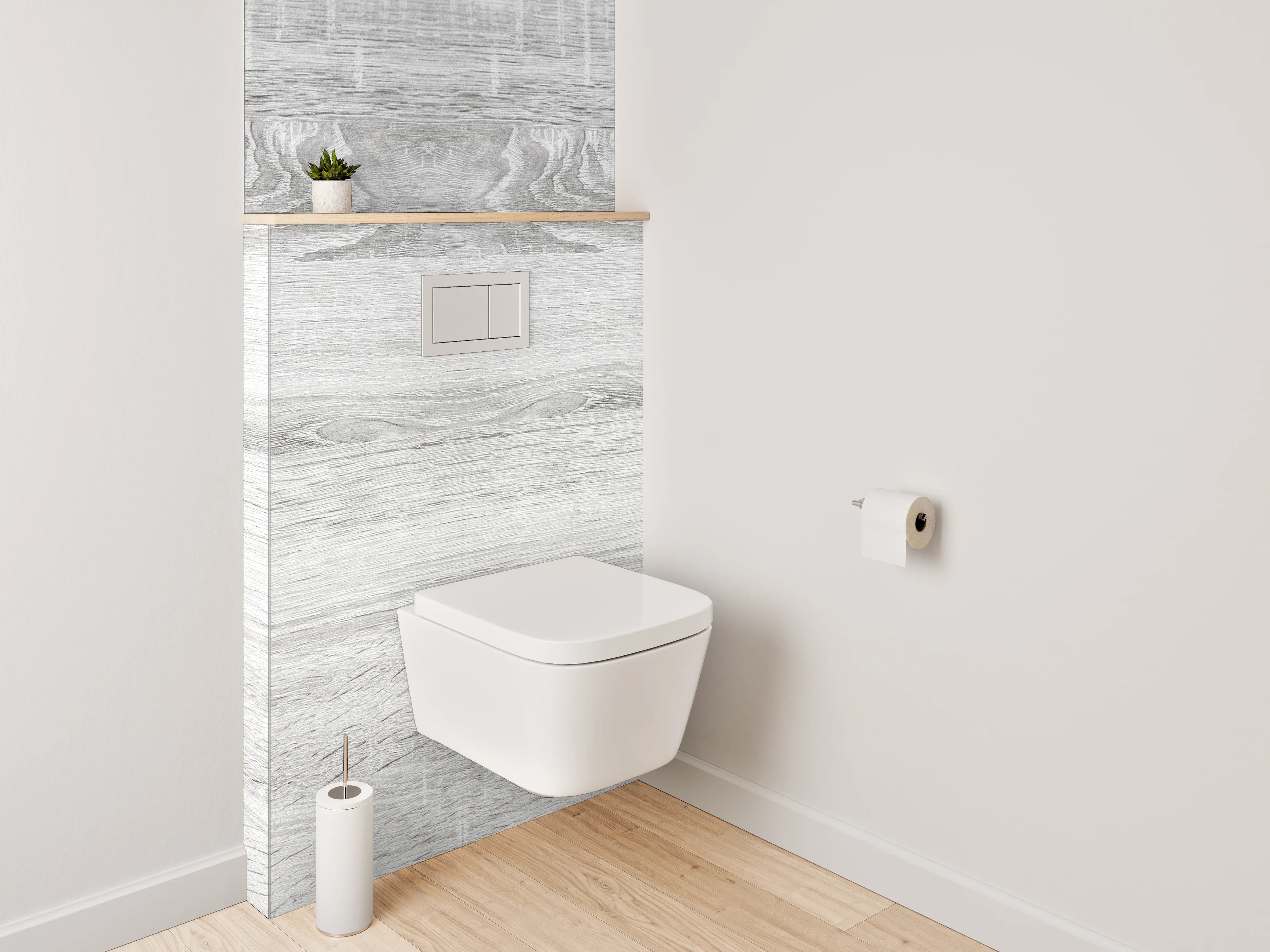 WC-Rückwand - Helles Holzdekor in Weiß-Grau