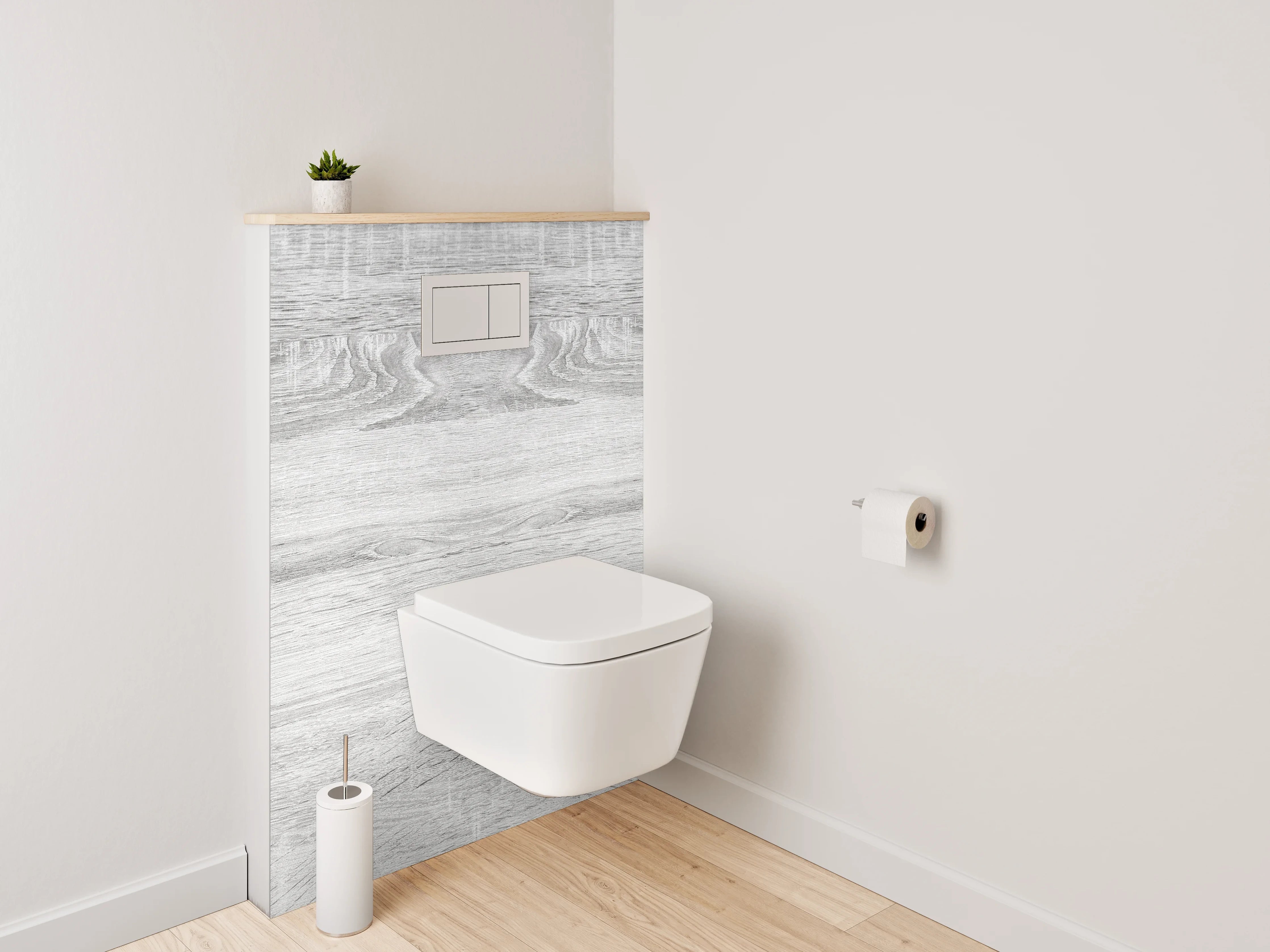 WC-Rückwand - Helles Holzdekor in Weiß-Grau