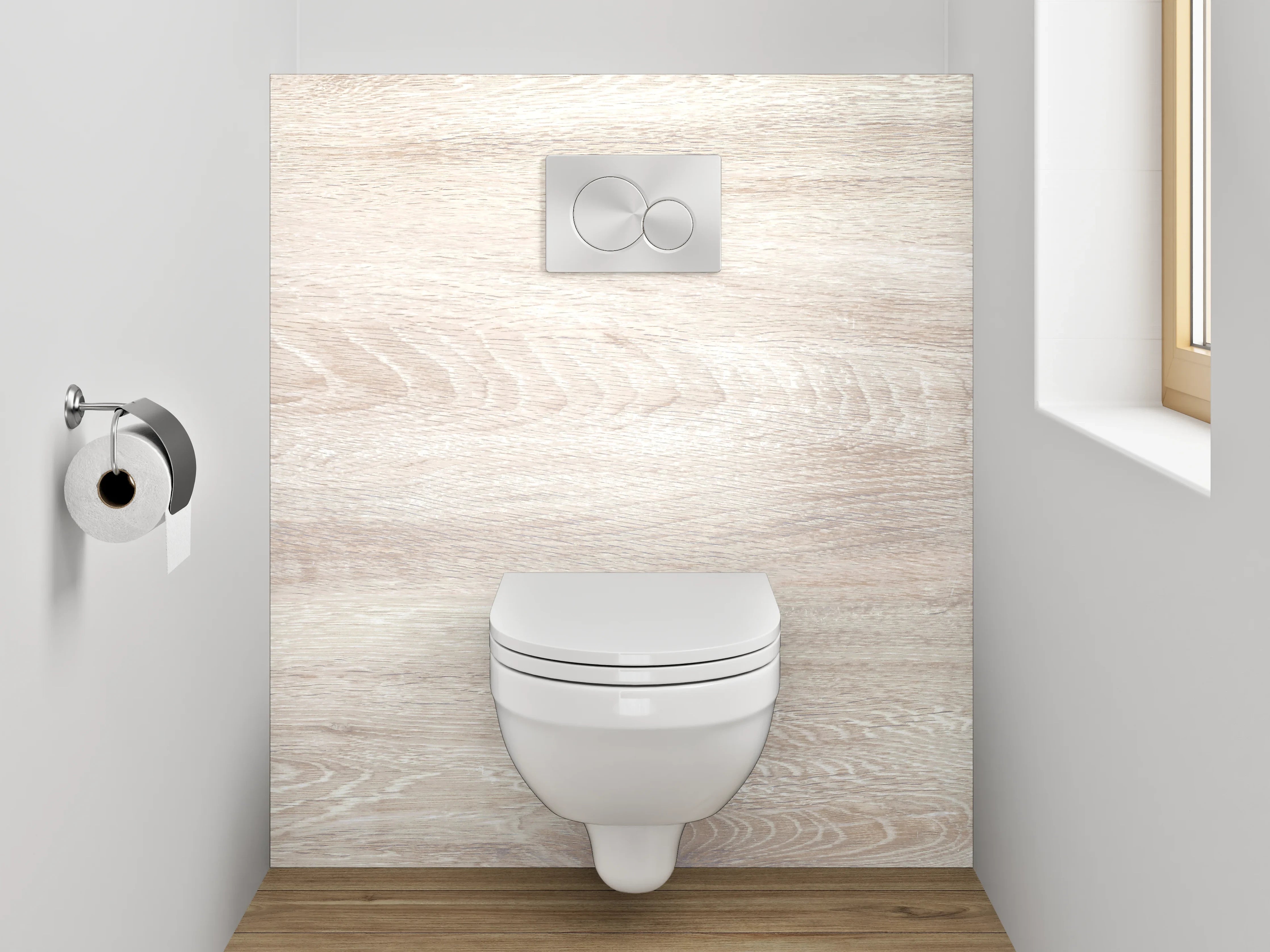 WC-Rückwand - Helles Holzdesign mit Weiß-Grau
