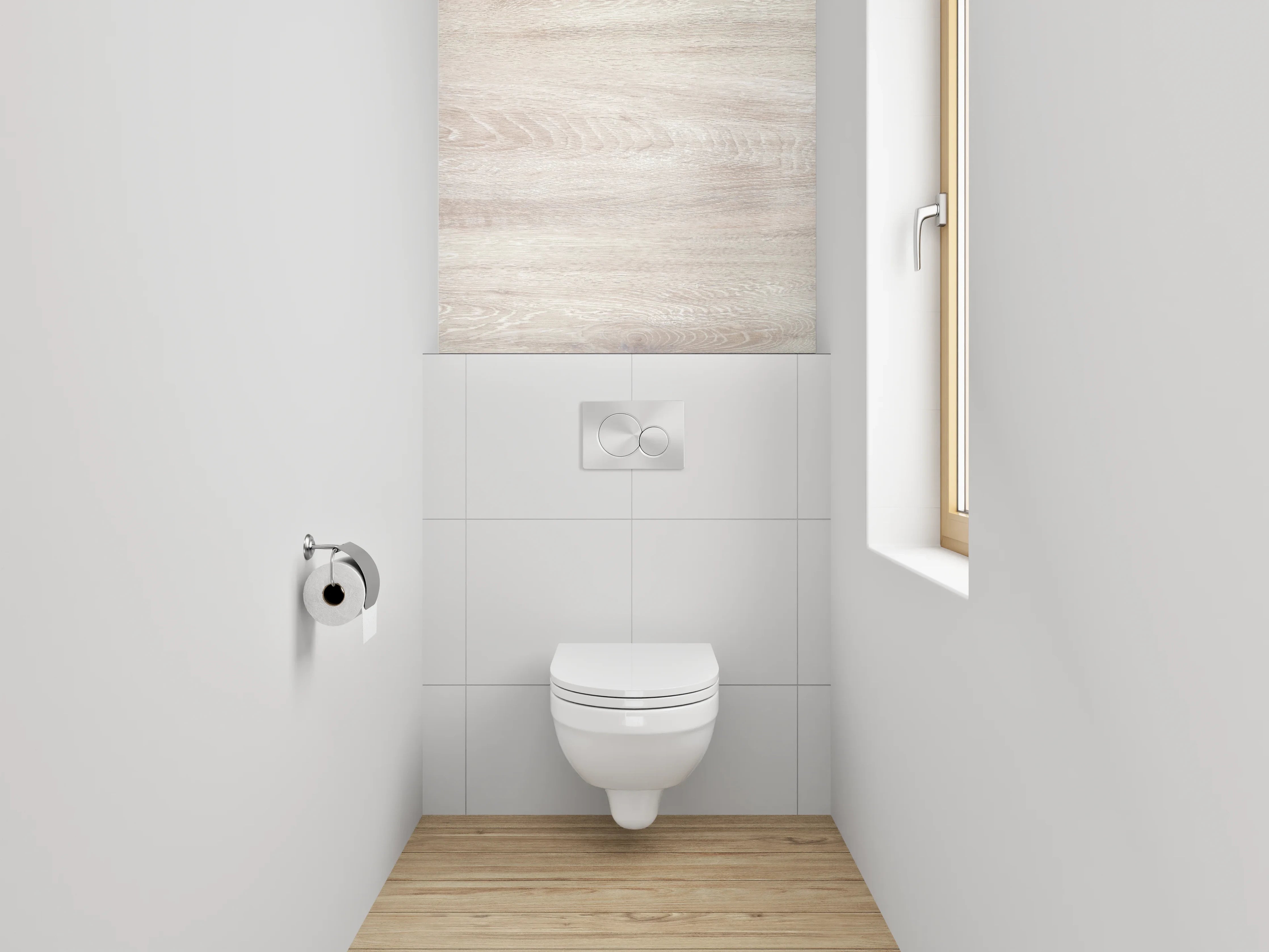 WC-Rückwand - Helles Holzdesign mit Weiß-Grau