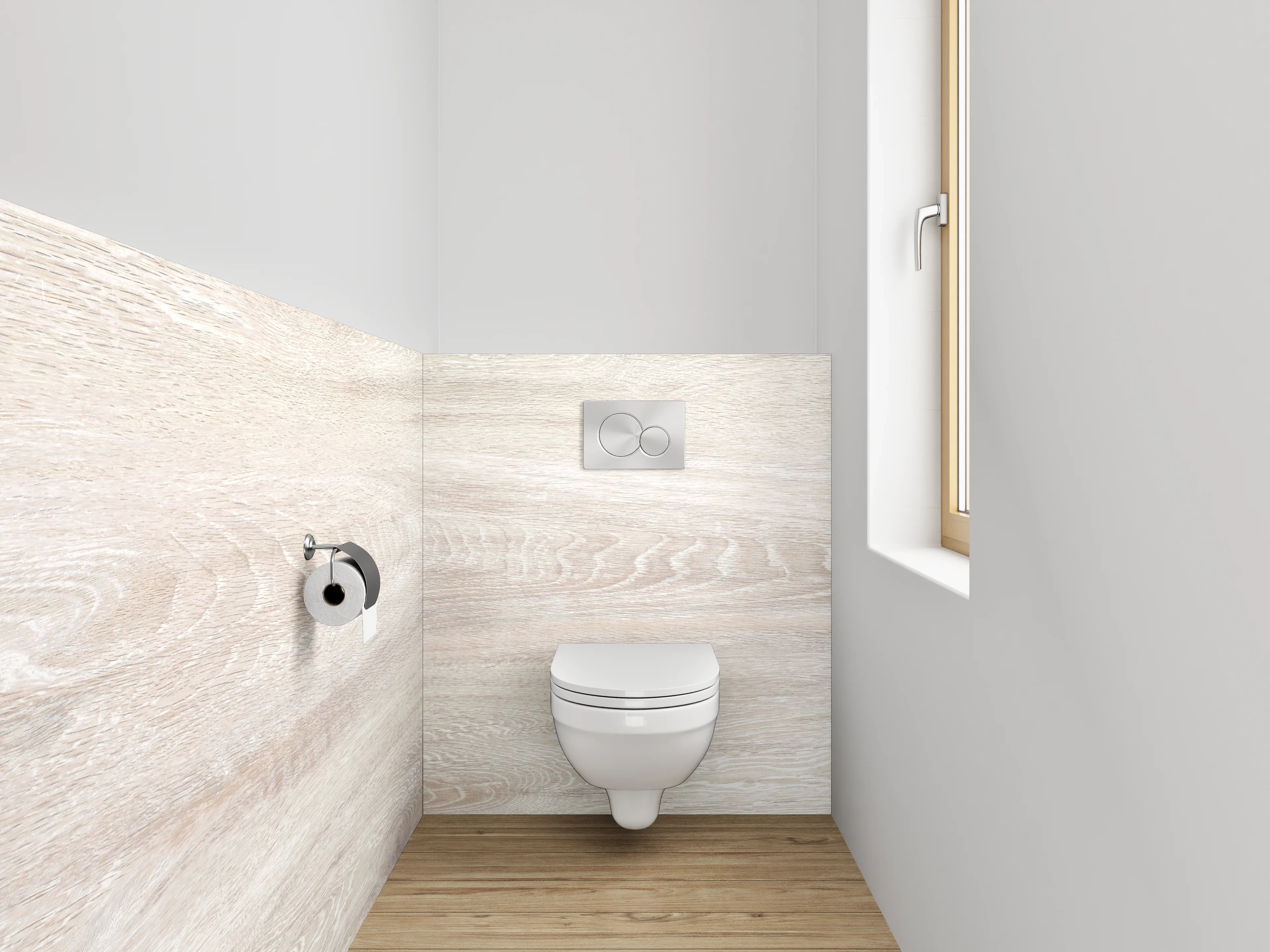 WC-Rückwand - Helles Holzdesign mit Weiß-Grau