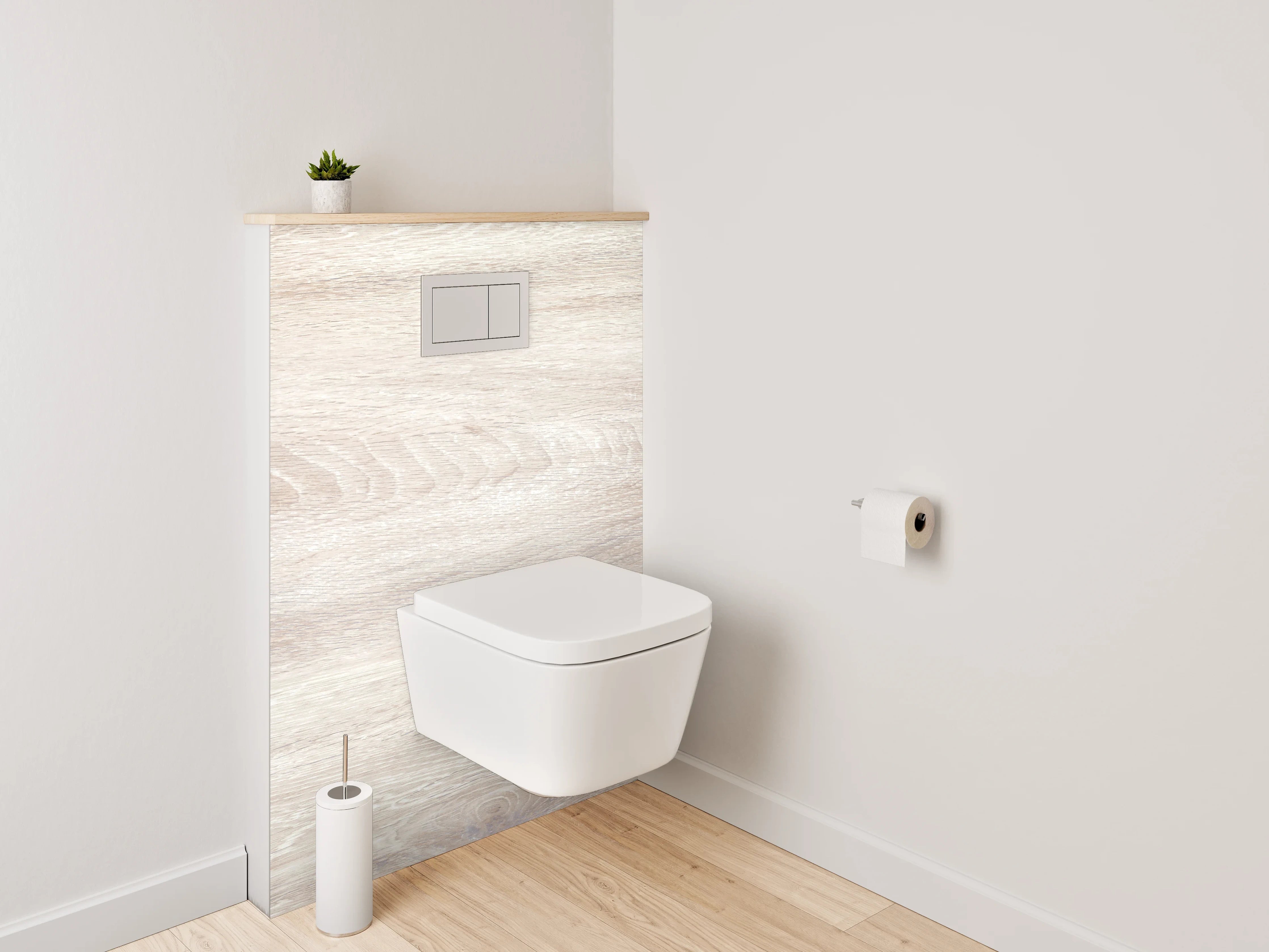 WC-Rückwand - Helles Holzdesign mit Weiß-Grau