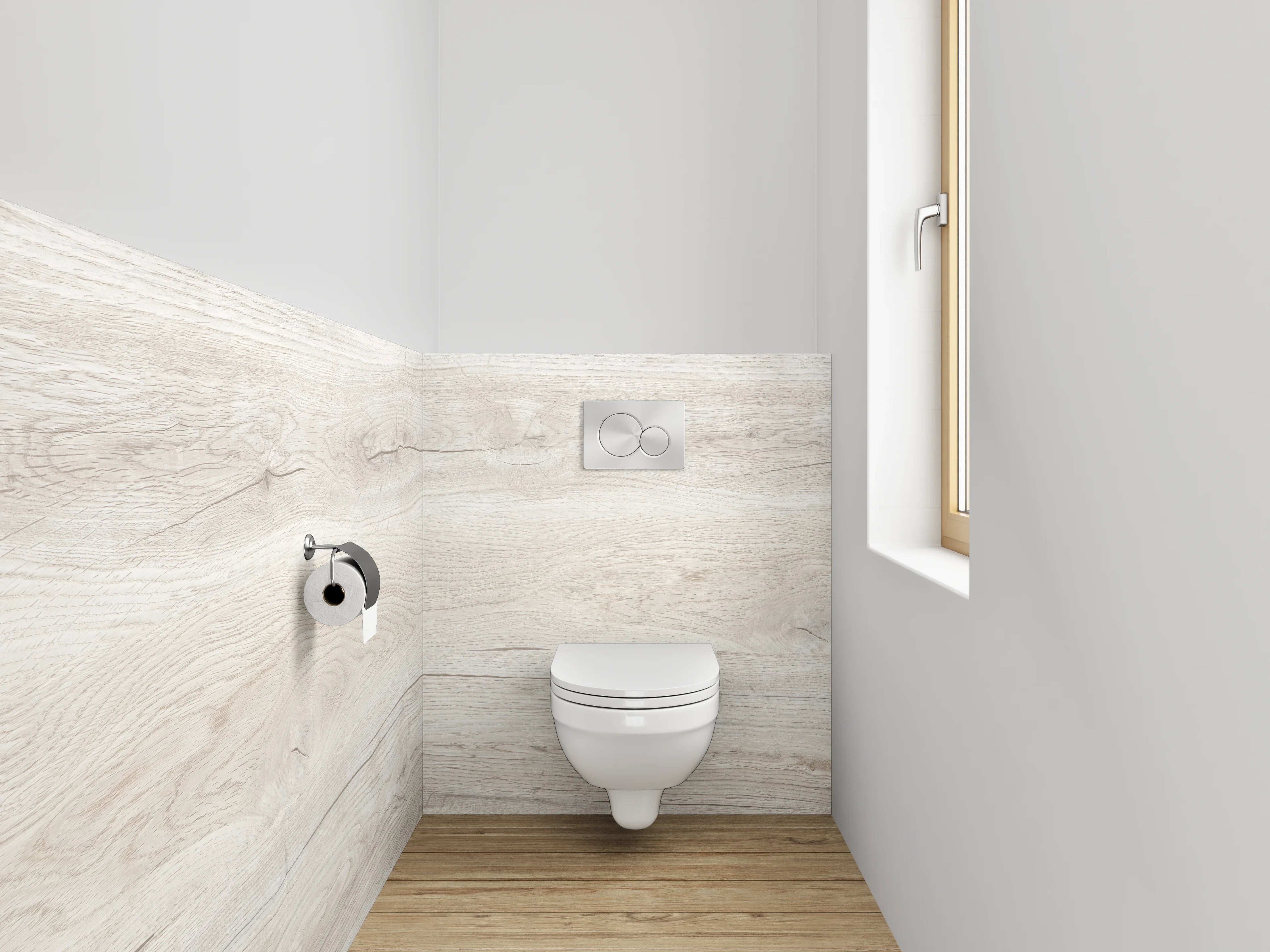 WC-Rückwand - Helles Holzparkett in hellem Ton