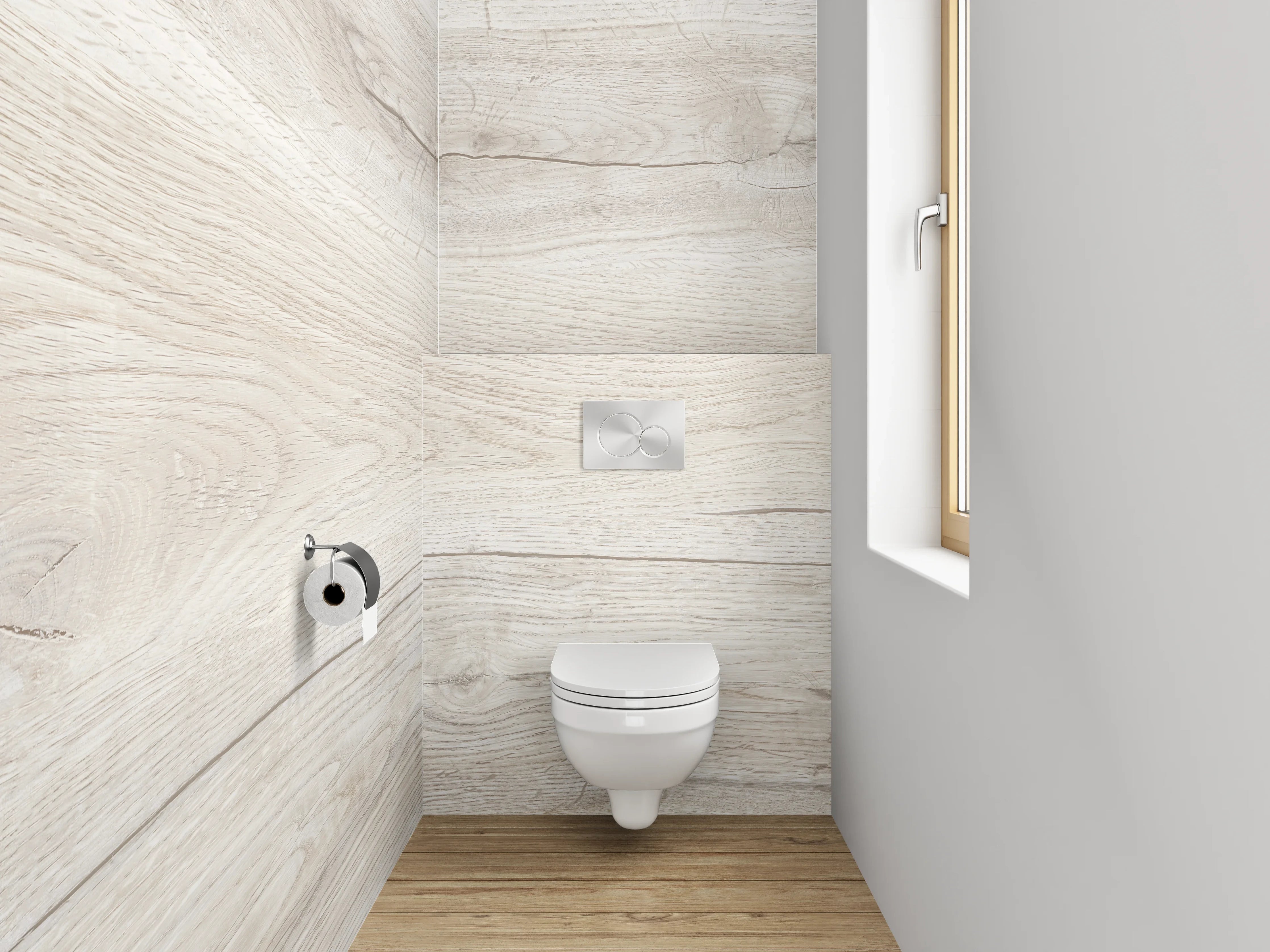 WC-Rückwand - Helles Holzparkett in hellem Ton