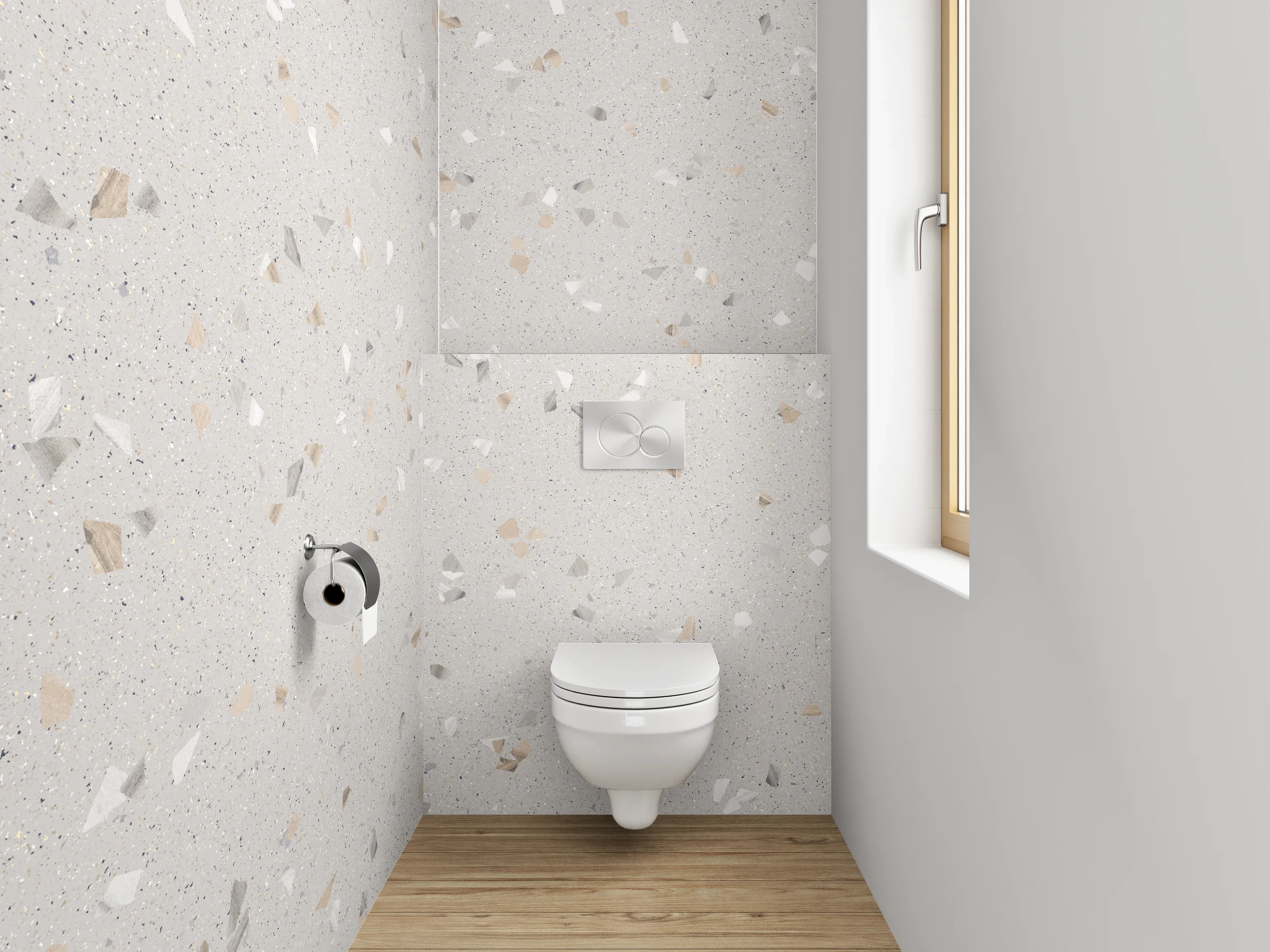 WC-Rückwand - Helles Terrazzo-Fliesenmuster Weiß-Grau