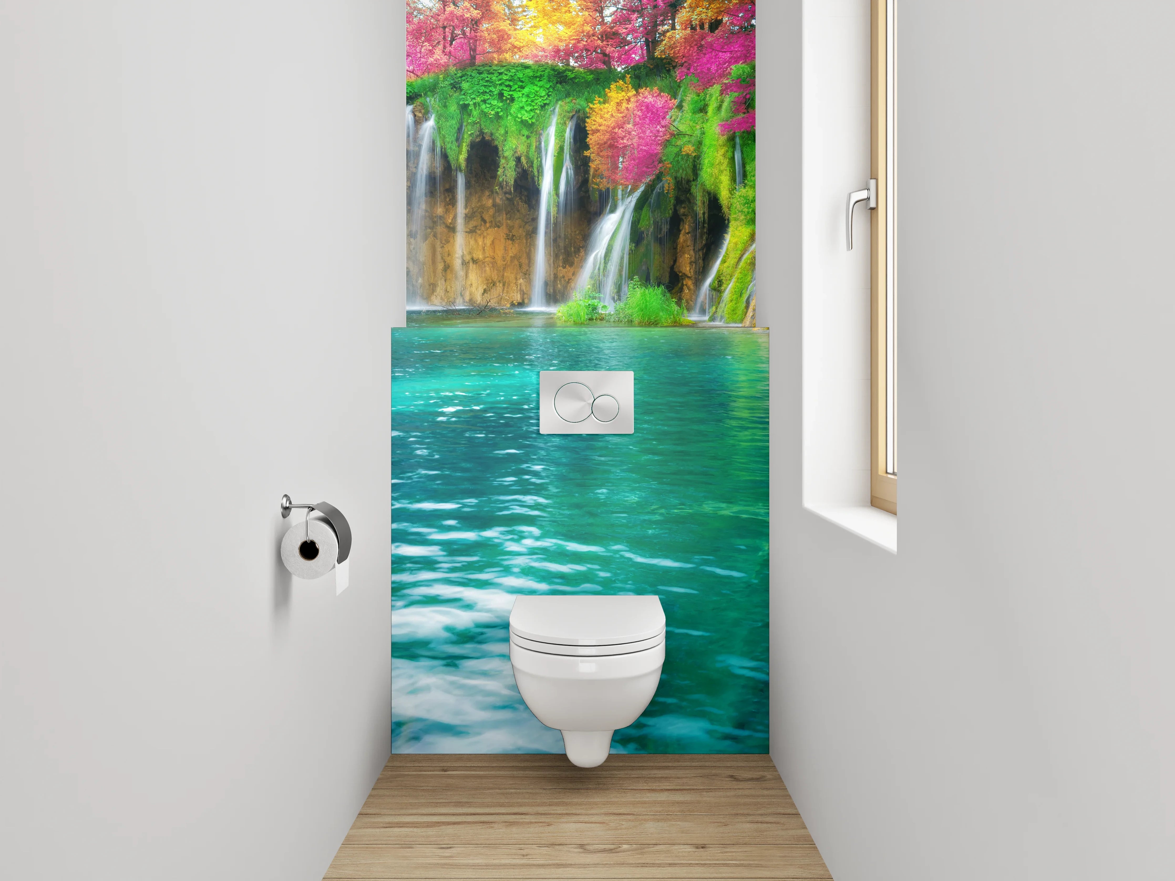 WC-Rückwand - Herbstgrau am silbernen Wasserfall