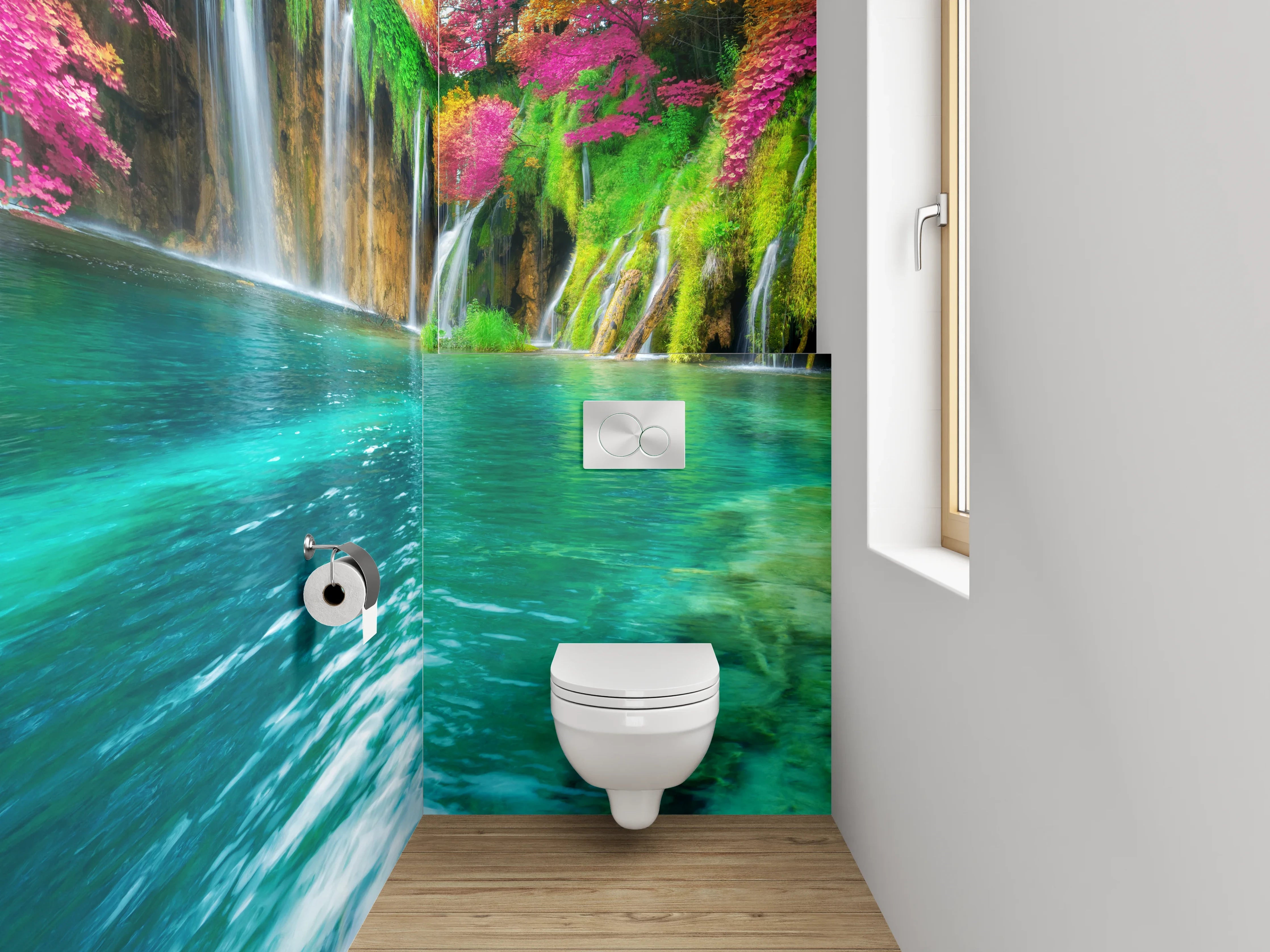 WC-Rückwand - Herbstgrau am silbernen Wasserfall
