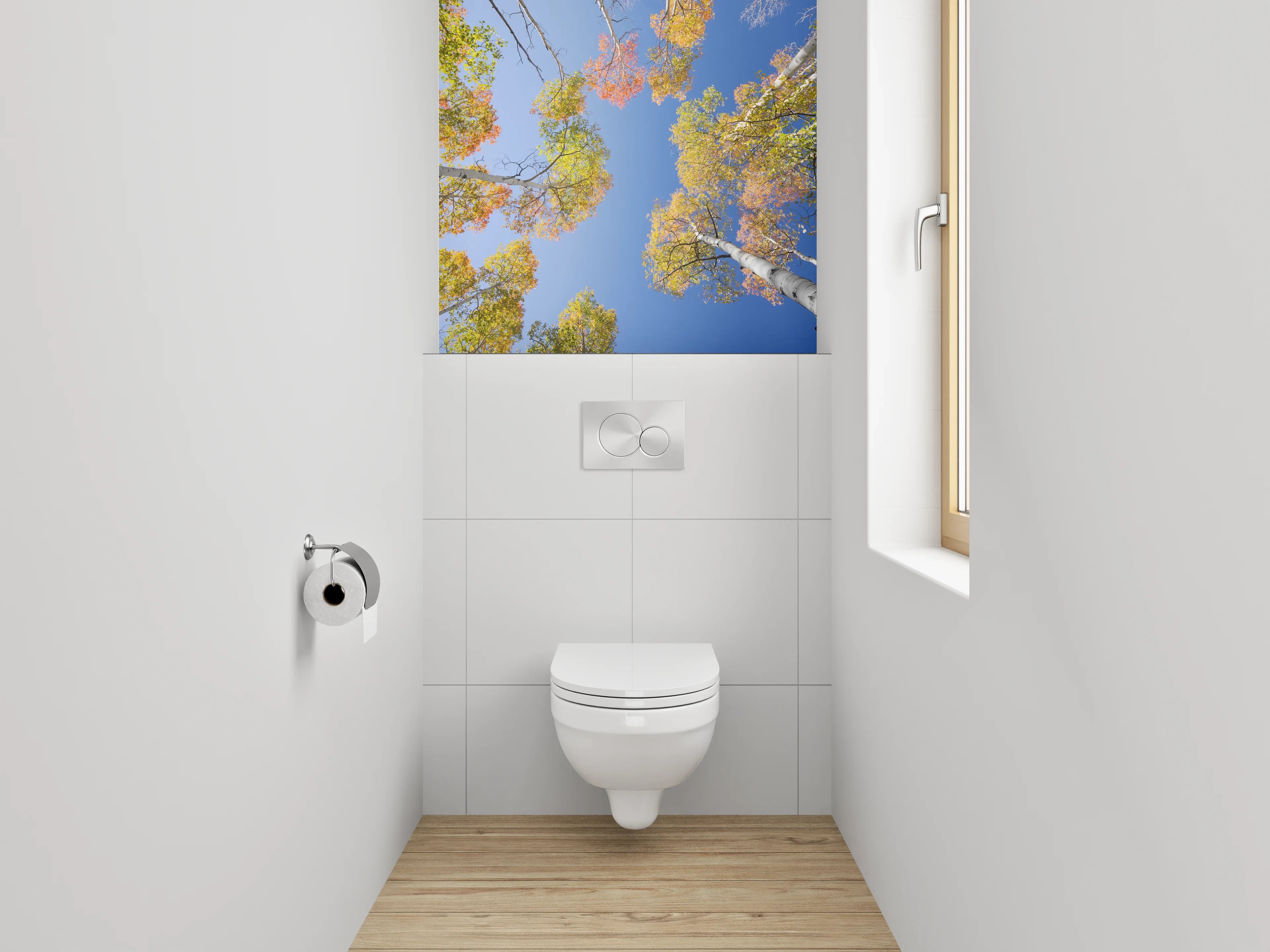 WC-Rückwand - Herbstliche Baumwipfel vor blauem Himmel