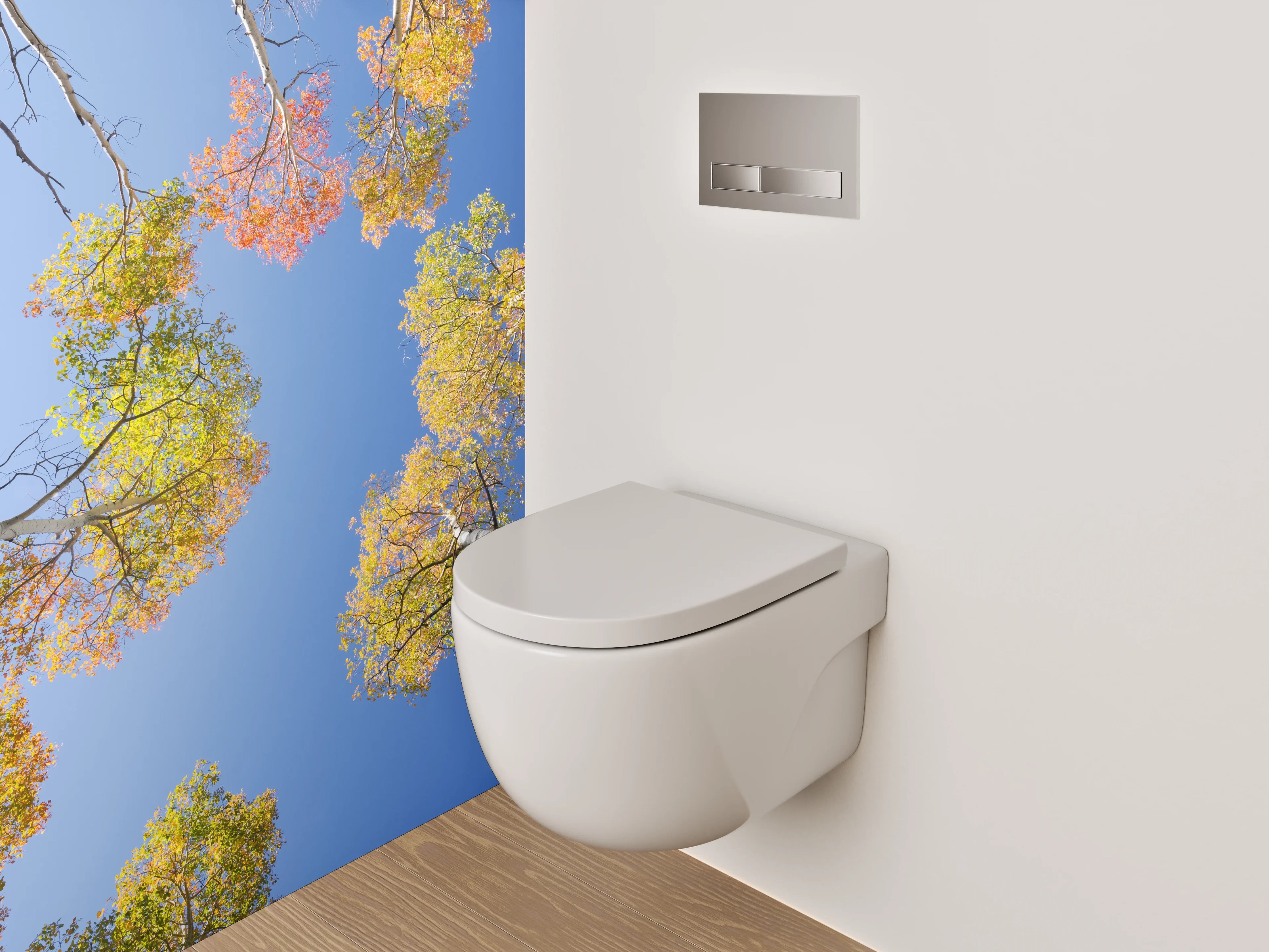 WC-Rückwand - Herbstliche Baumwipfel vor blauem Himmel