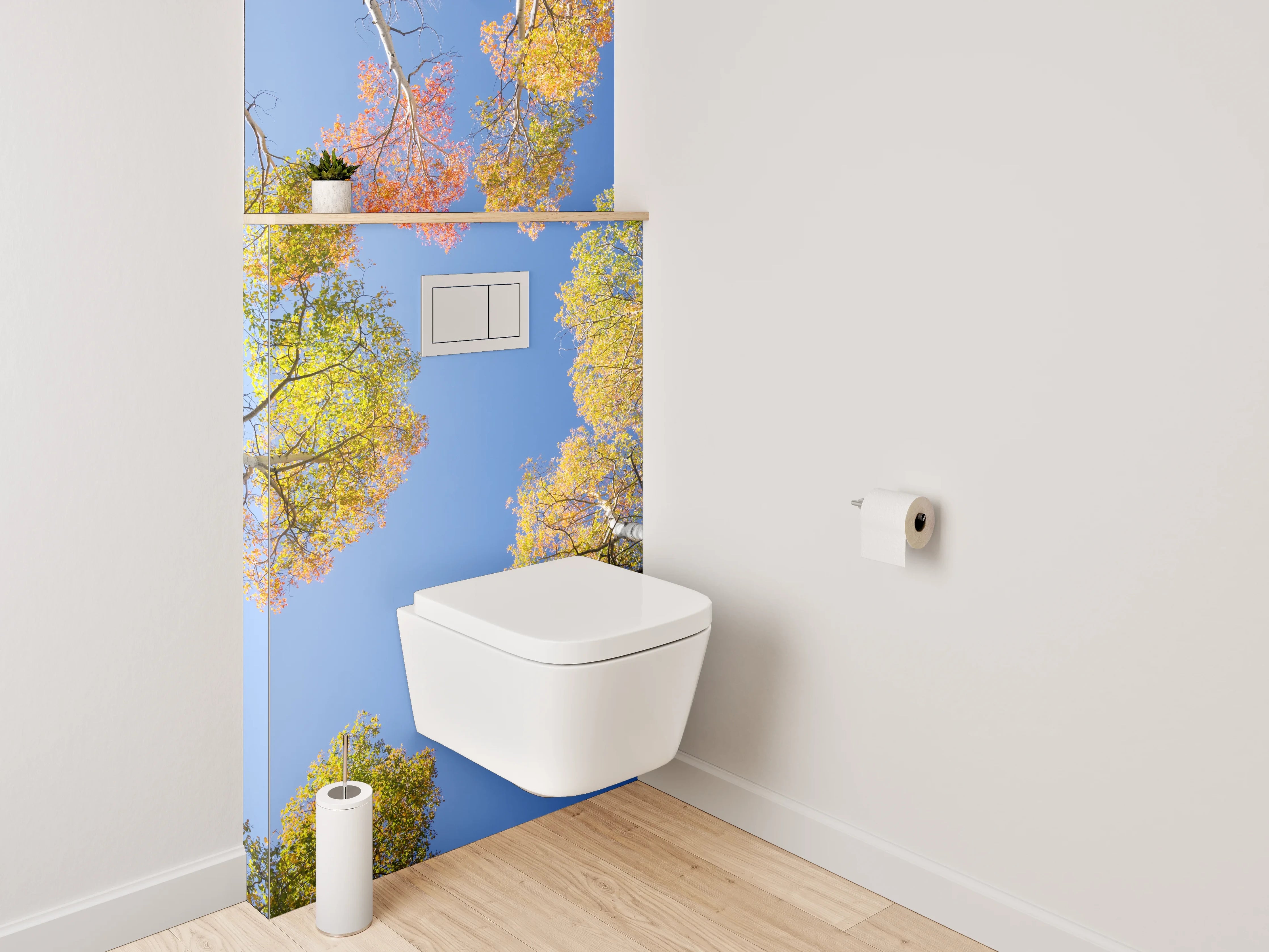 WC-Rückwand - Herbstliche Baumwipfel vor blauem Himmel