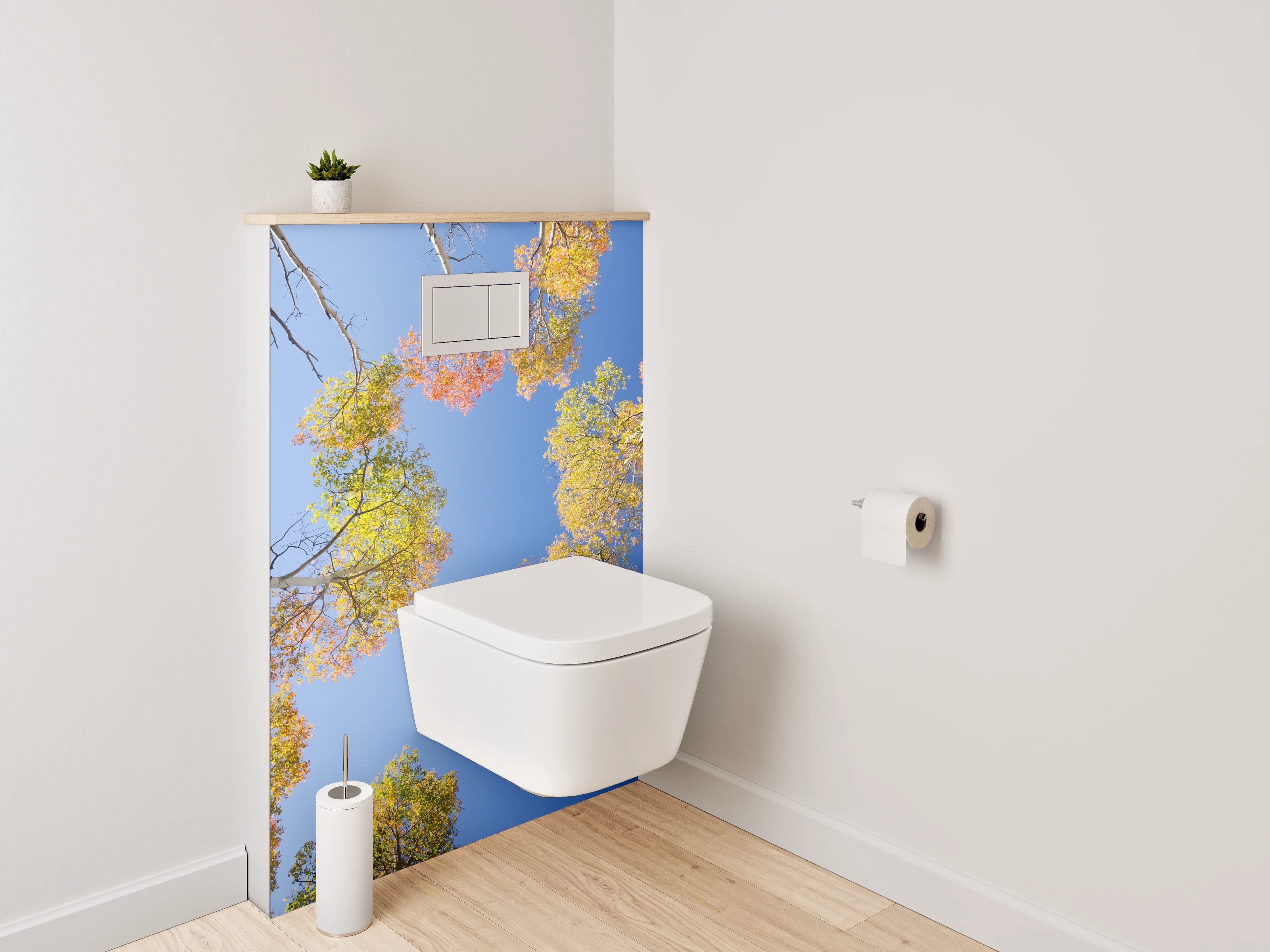 WC-Rückwand - Herbstliche Baumwipfel vor blauem Himmel