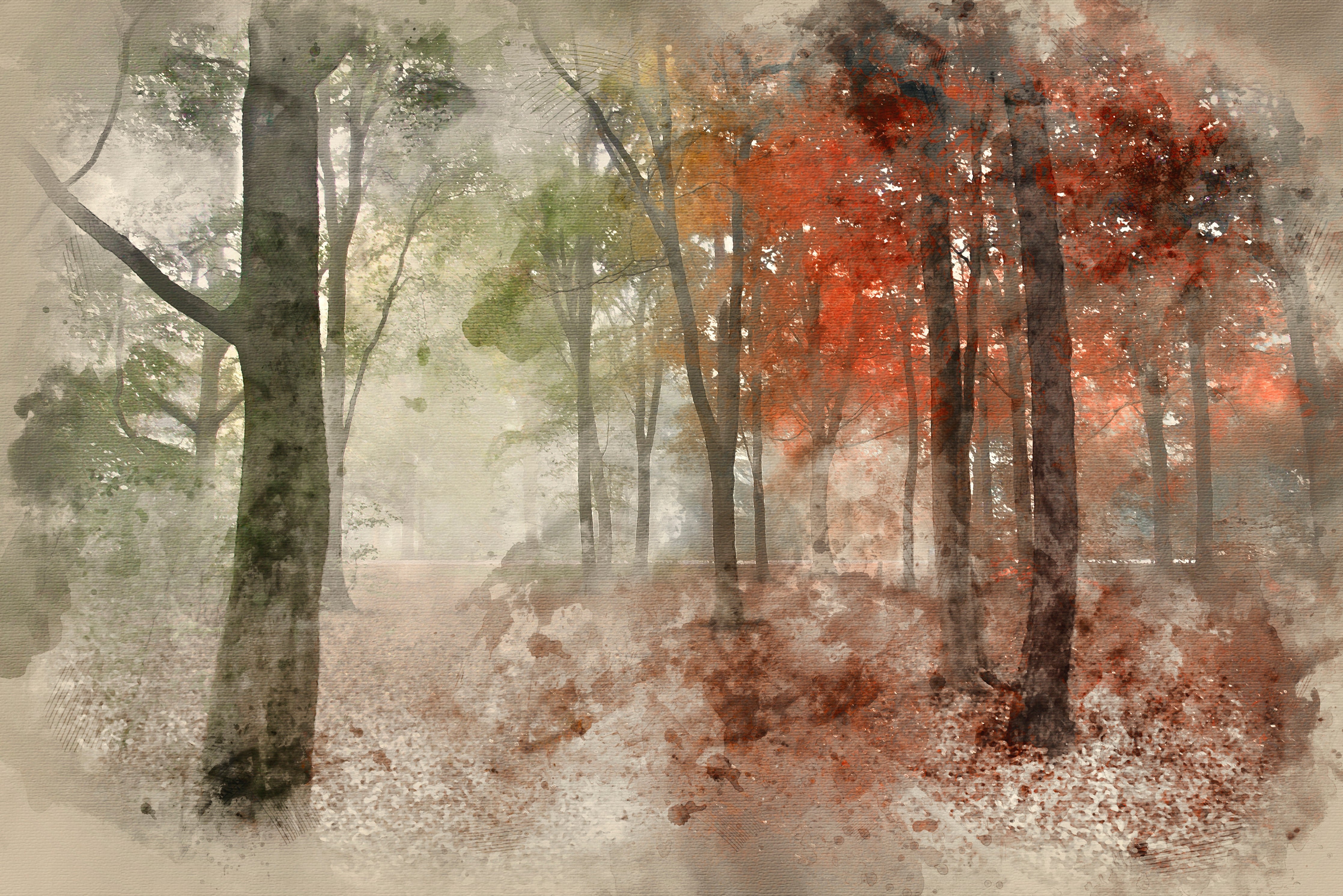 WC-Rückwand-Herbstlicher Aquarell-Wald im Nebel