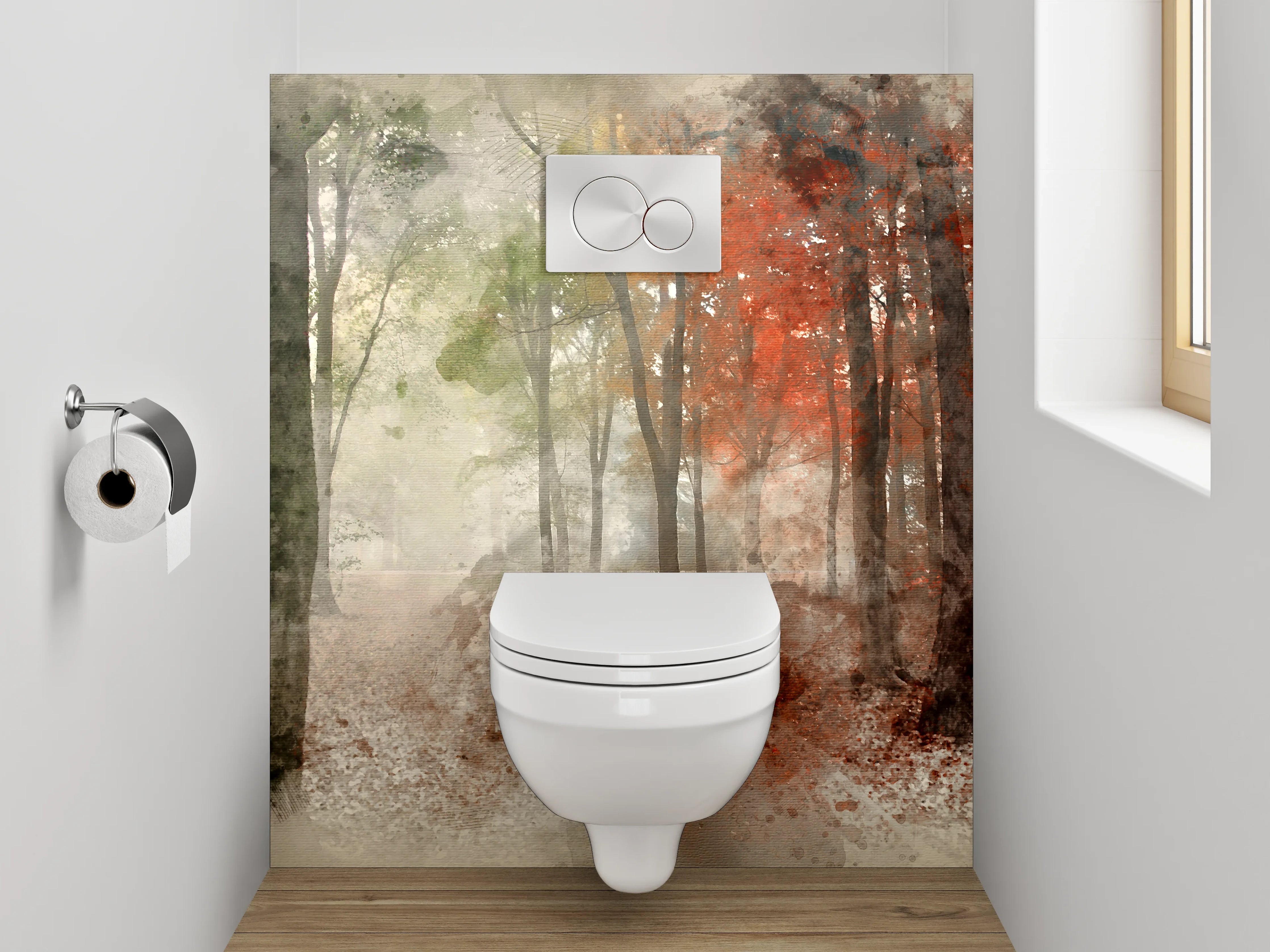 WC-Rückwand - Herbstlicher Aquarell-Wald im Nebel