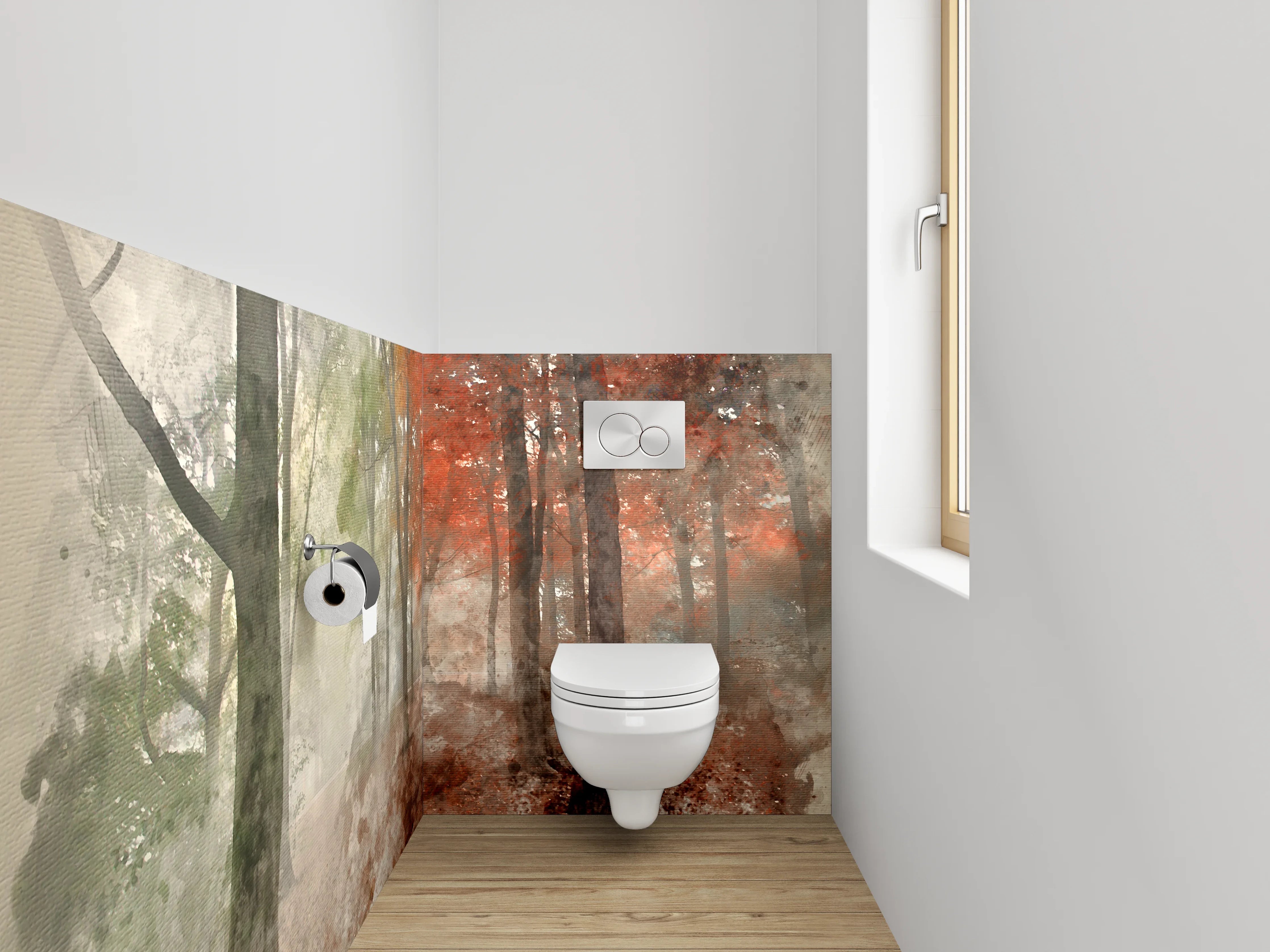 WC-Rückwand - Herbstlicher Aquarell-Wald im Nebel