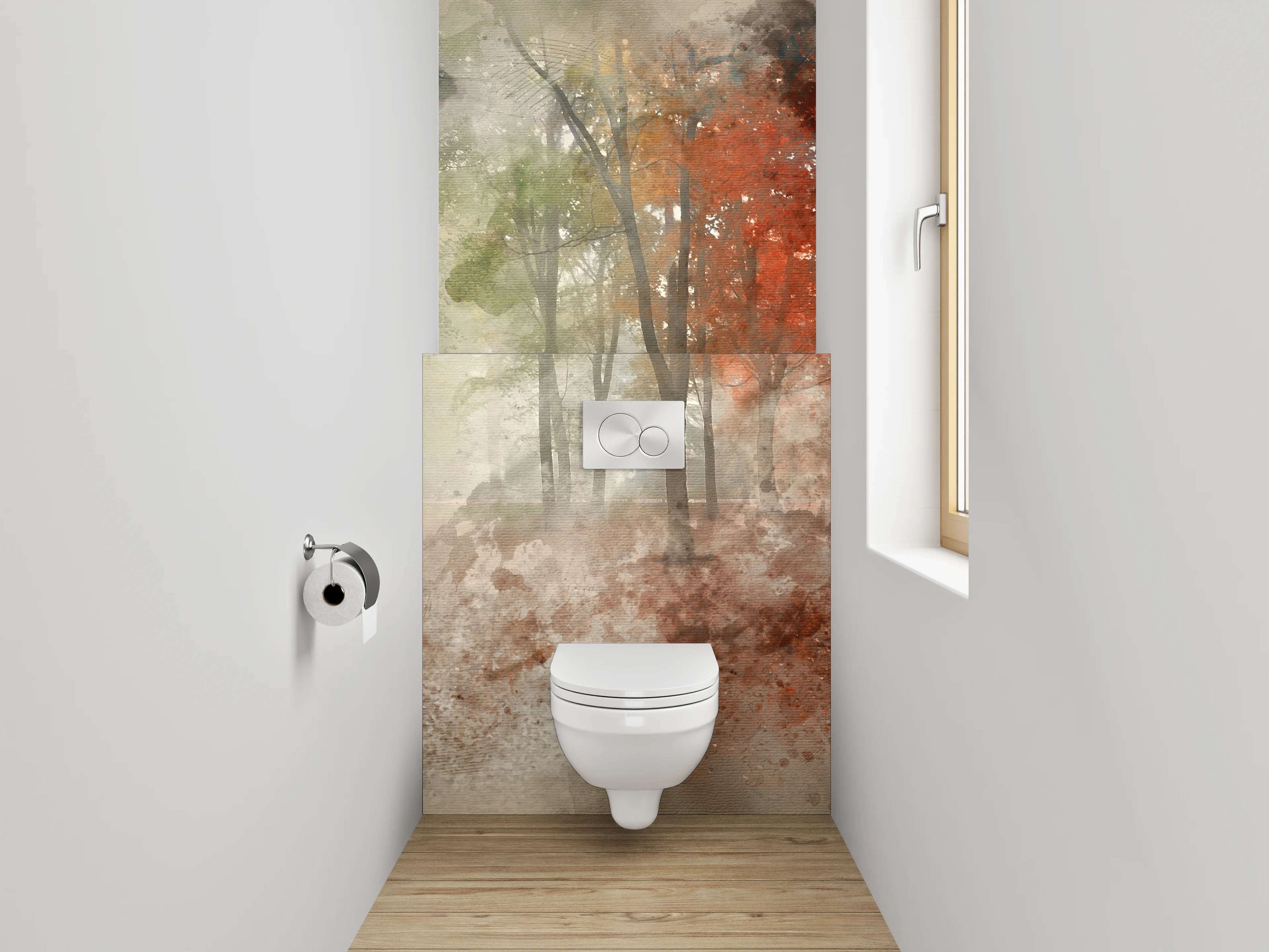 WC-Rückwand - Herbstlicher Aquarell-Wald im Nebel