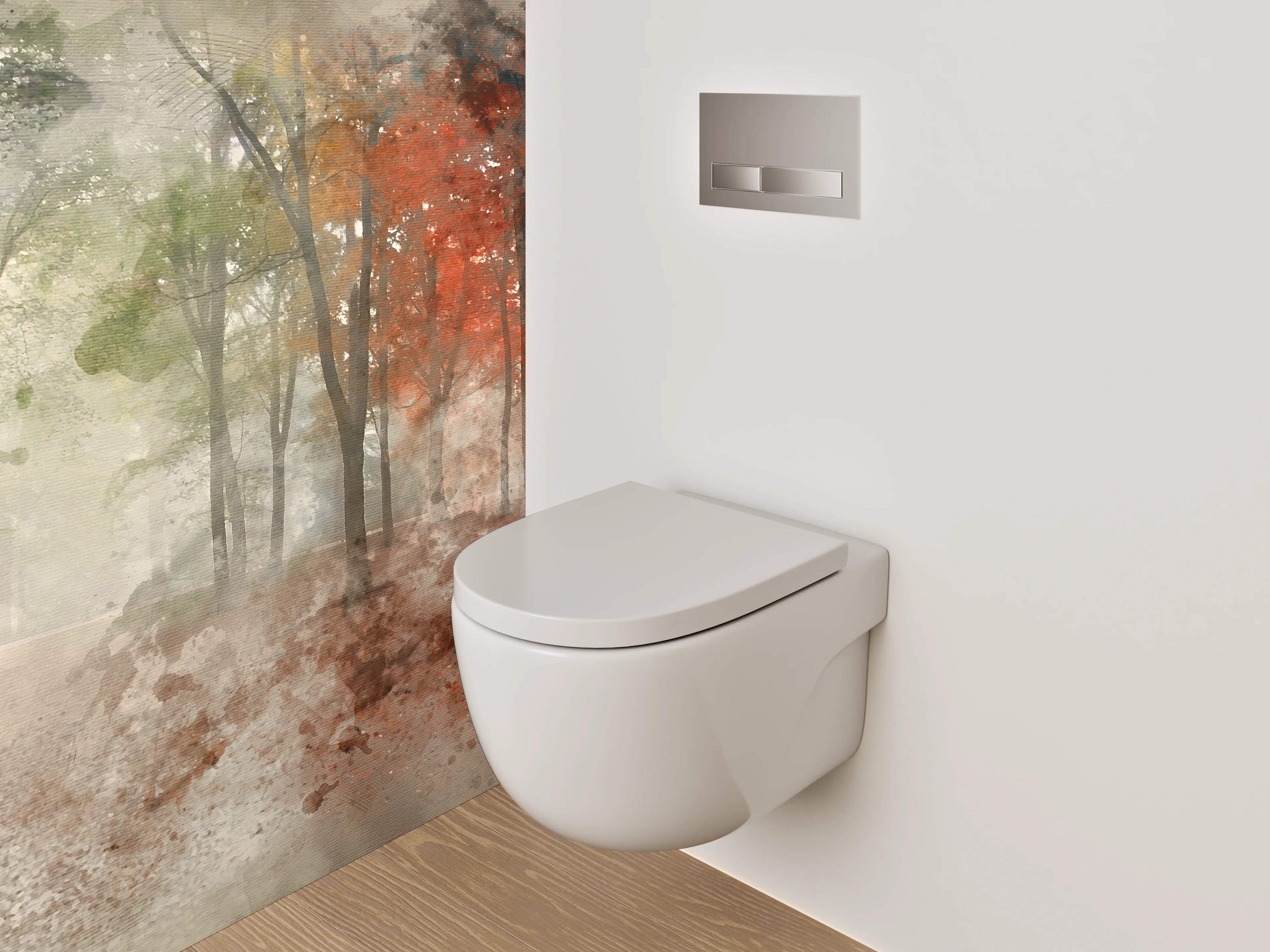 WC-Rückwand - Herbstlicher Aquarell-Wald im Nebel