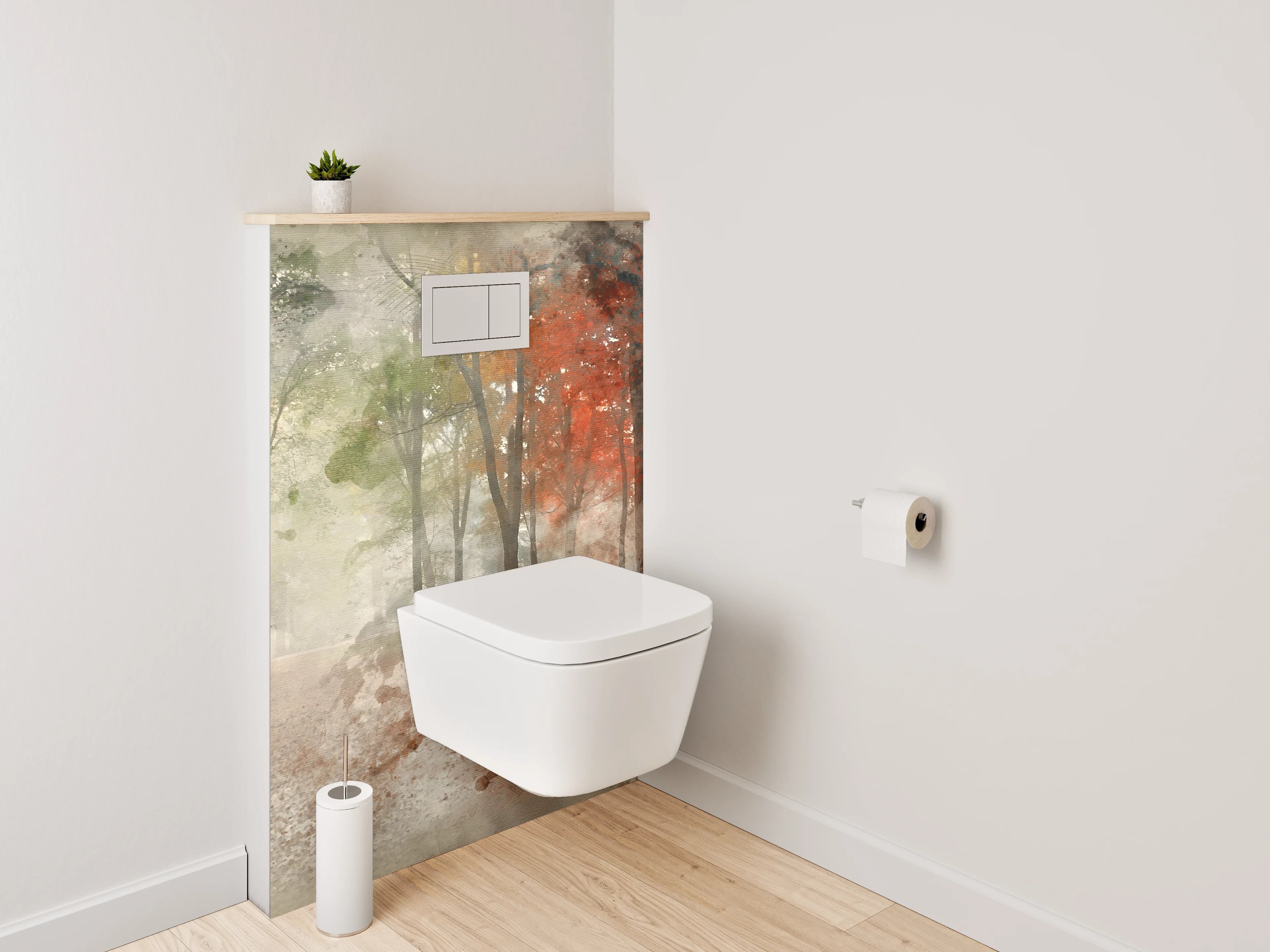 WC-Rückwand - Herbstlicher Aquarell-Wald im Nebel