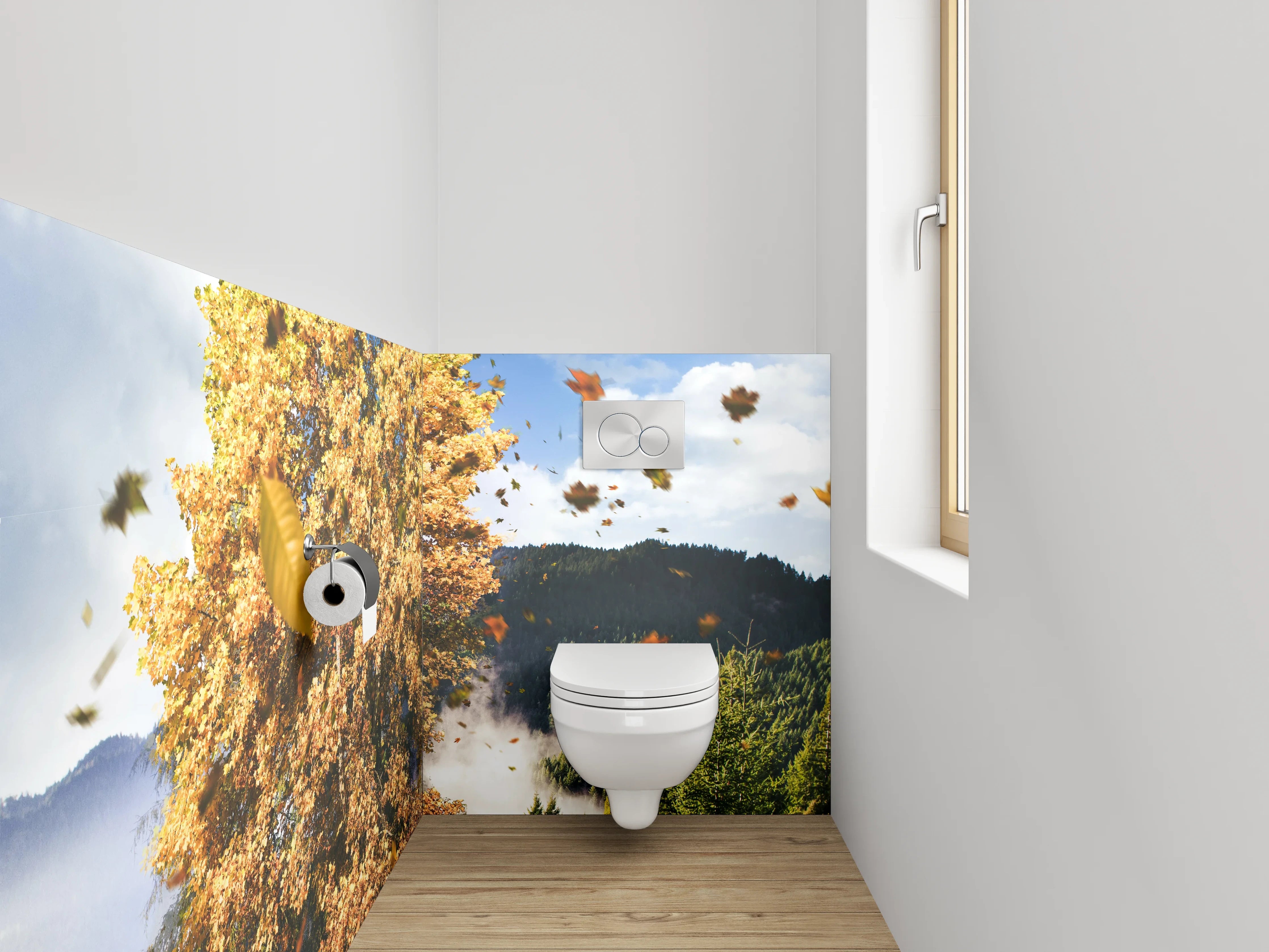 WC-Rückwand - Herbstlicher Baum vor Bergen