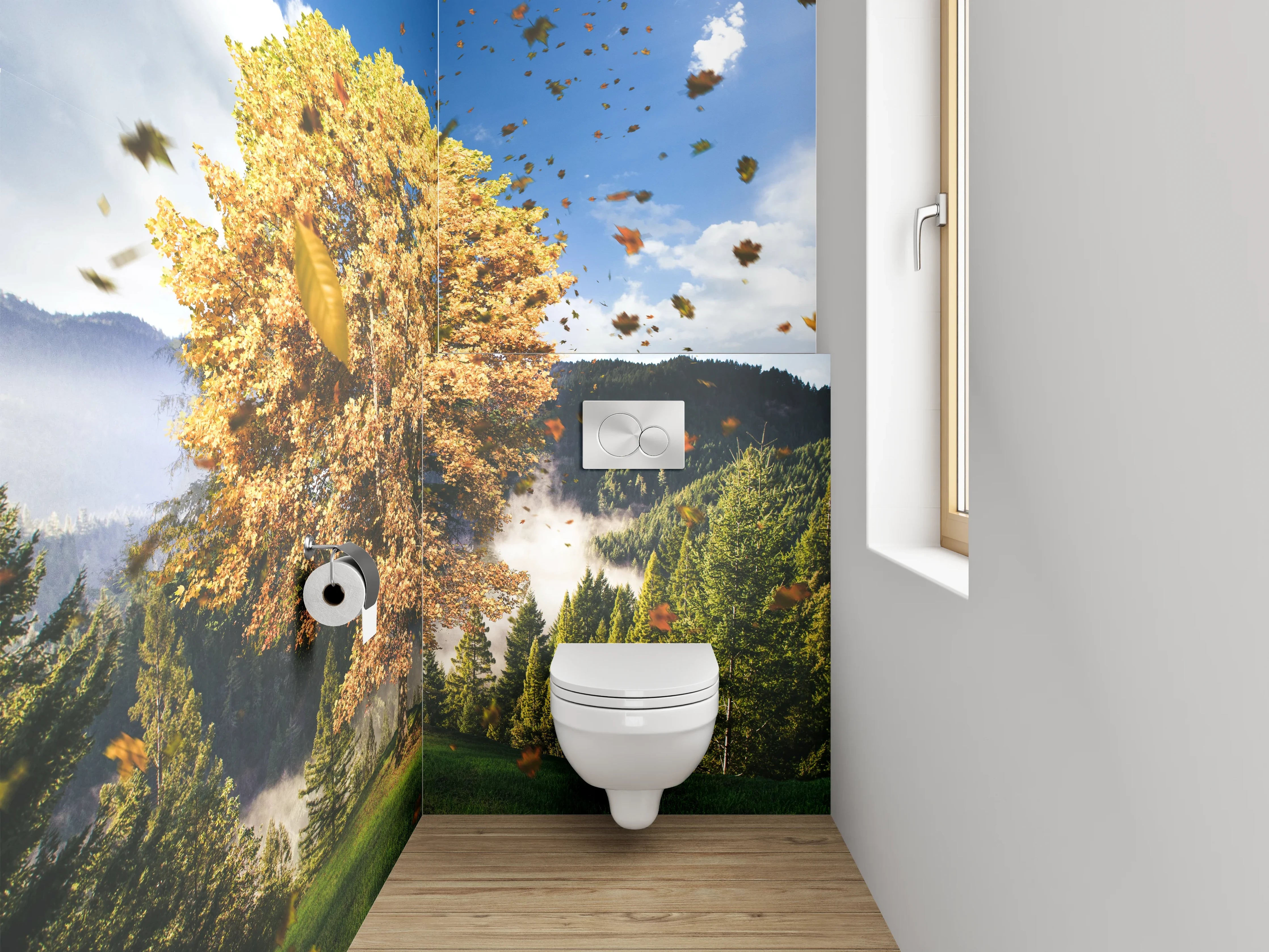 WC-Rückwand - Herbstlicher Baum vor Bergen