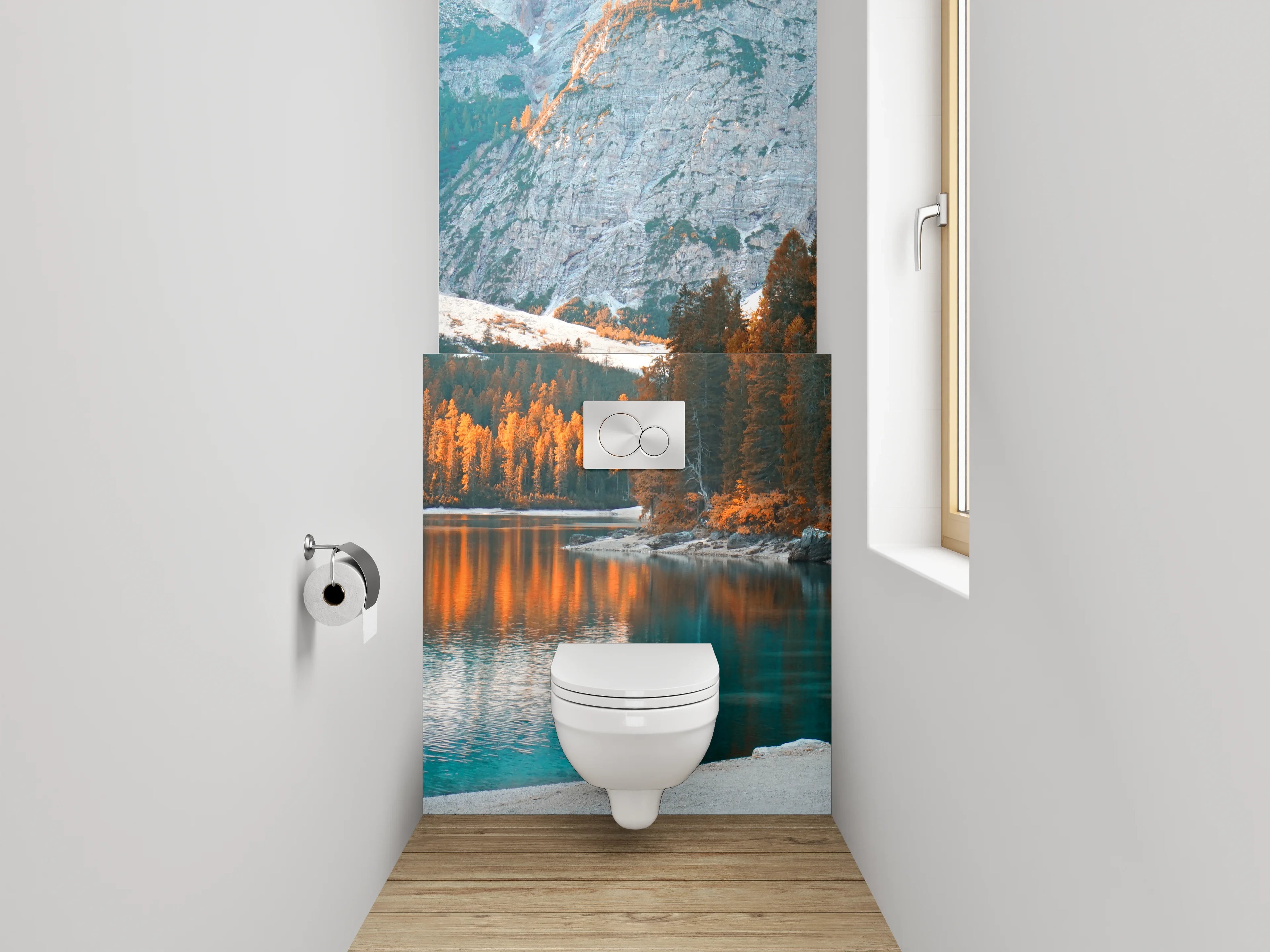 WC-Rückwand - Herbstlicher Bergsee mit Nadelwald