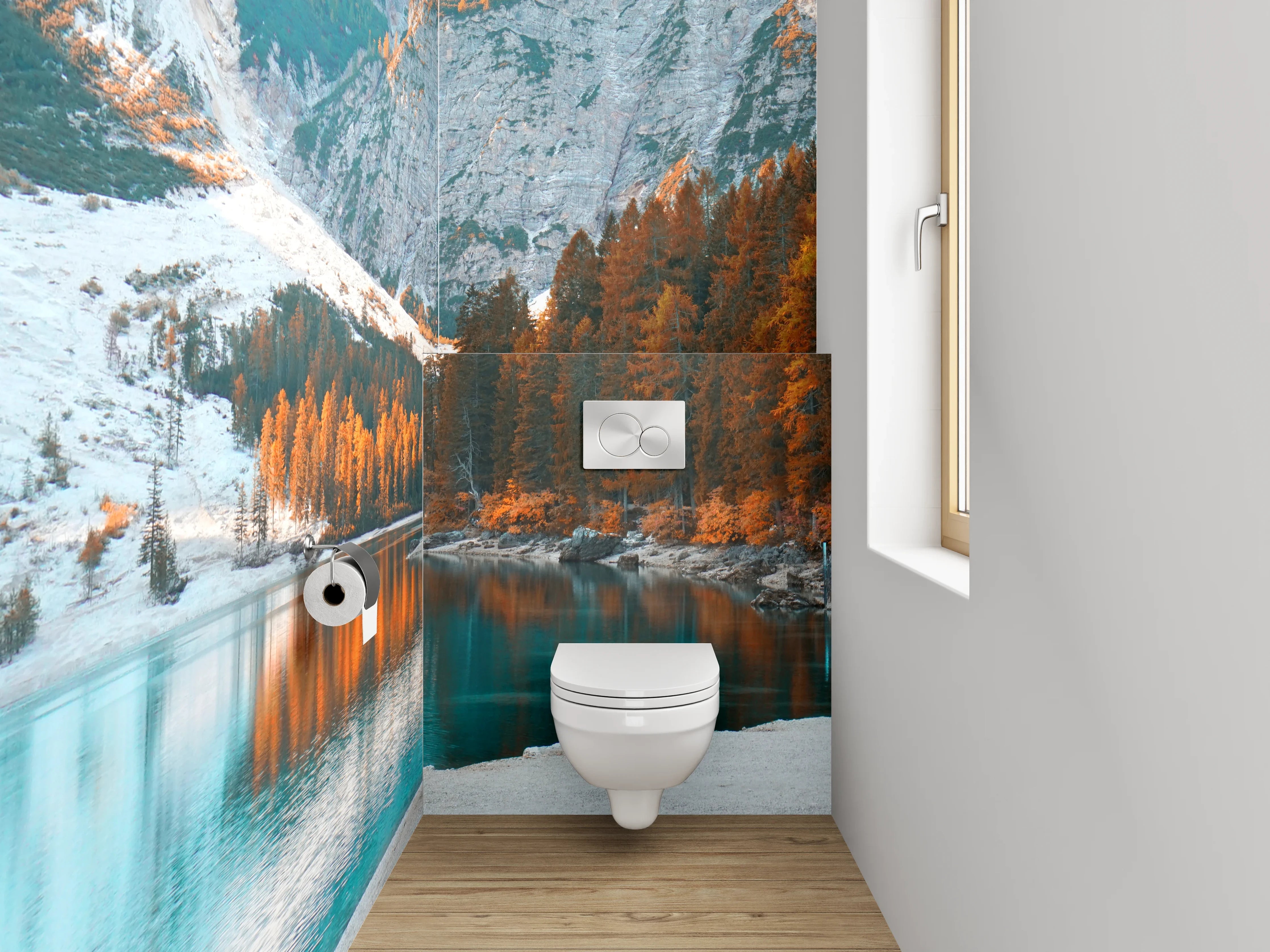 WC-Rückwand - Herbstlicher Bergsee mit Nadelwald