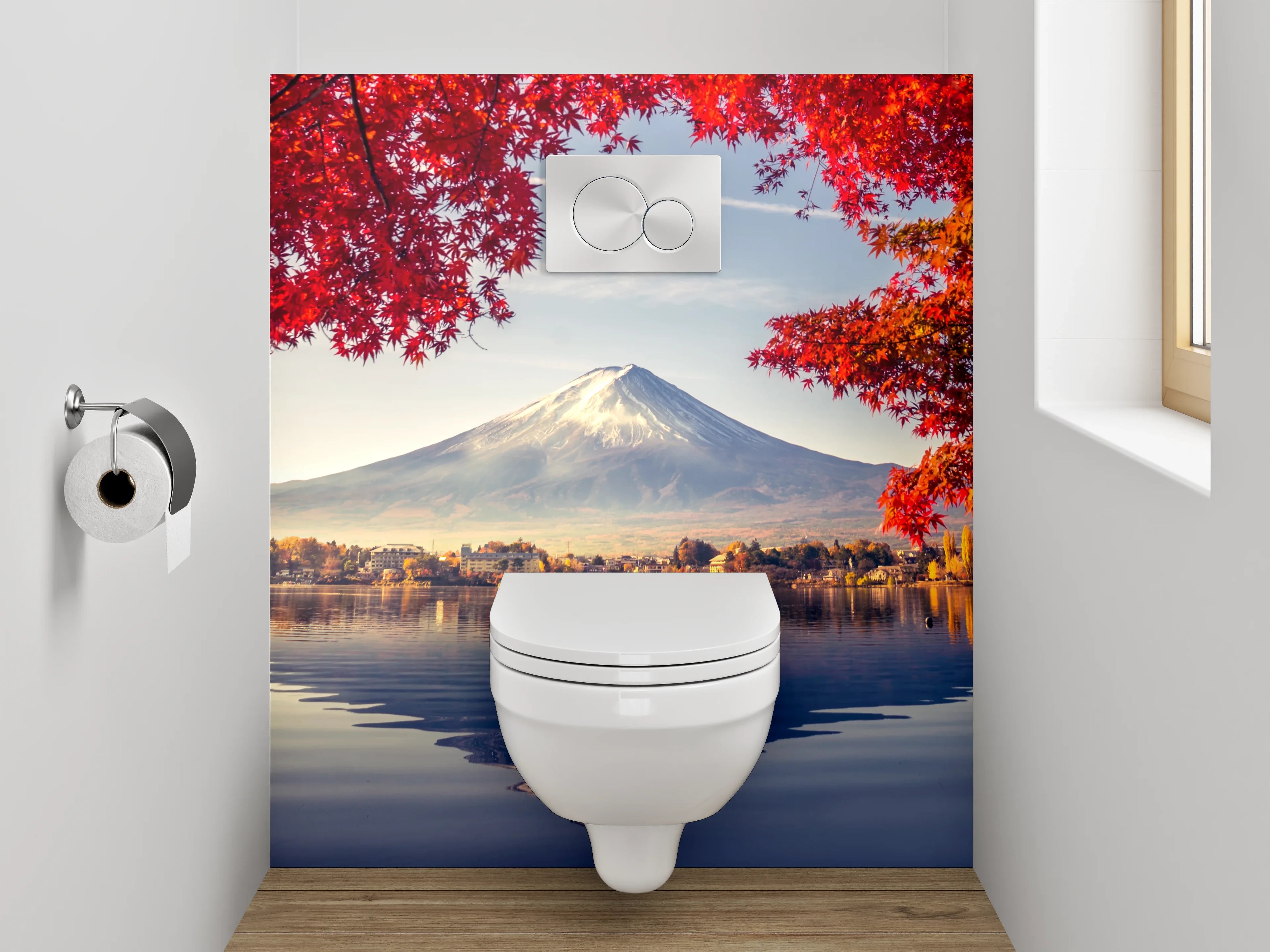 WC-Rückwand - Herbstlicher Fuji vor Spiegel-See