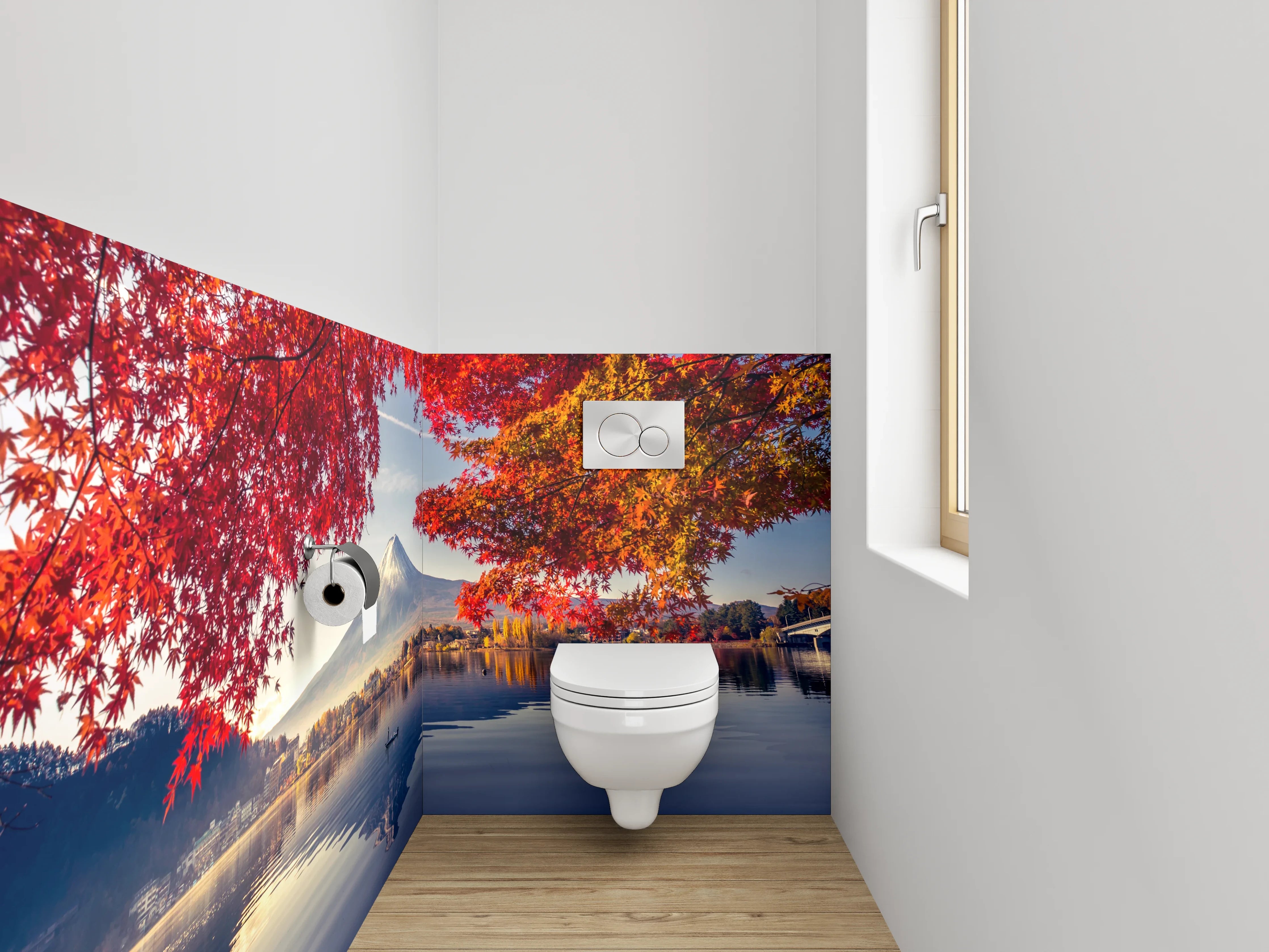 WC-Rückwand - Herbstlicher Fuji vor Spiegel-See