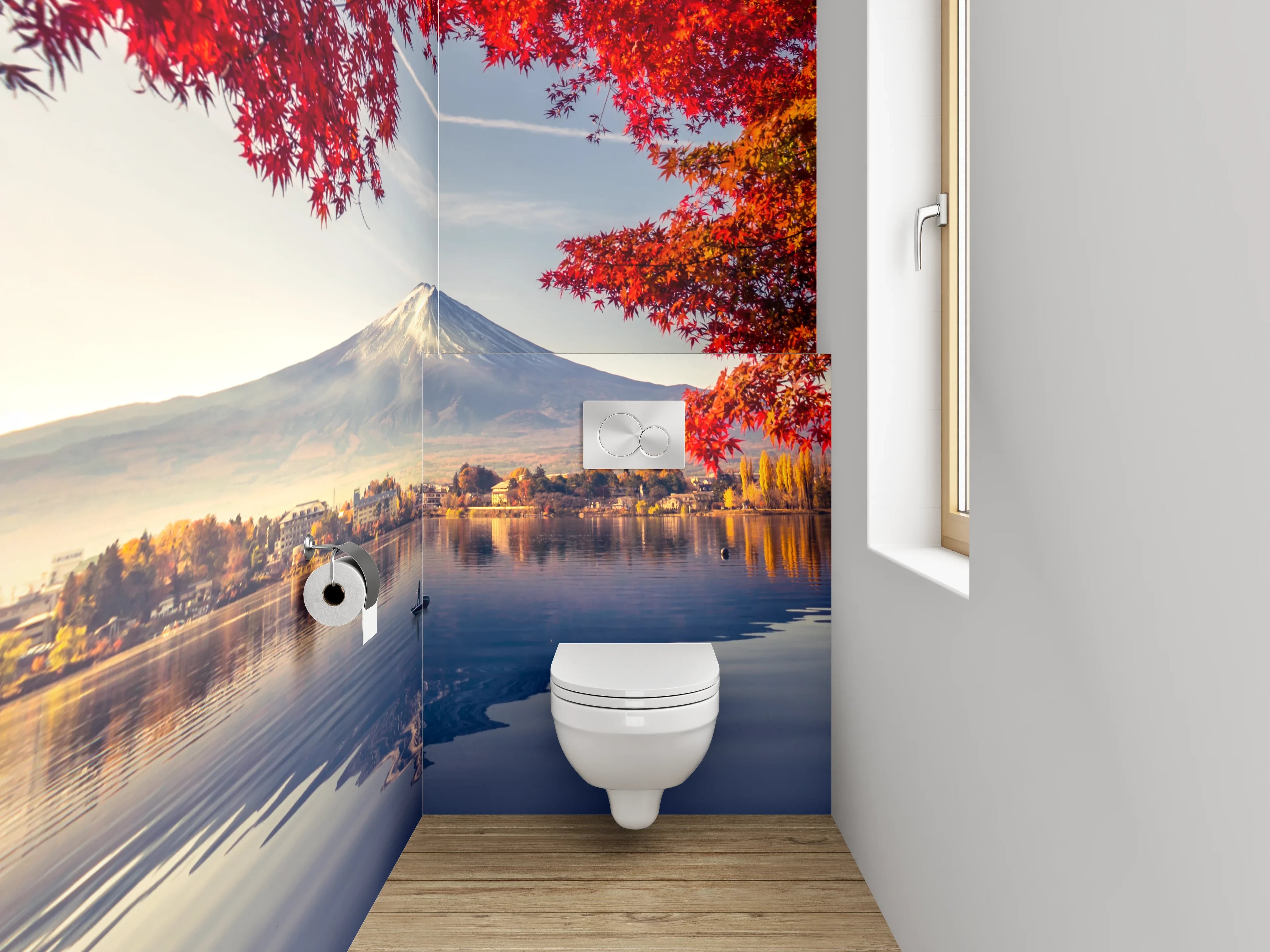 WC-Rückwand - Herbstlicher Fuji vor Spiegel-See