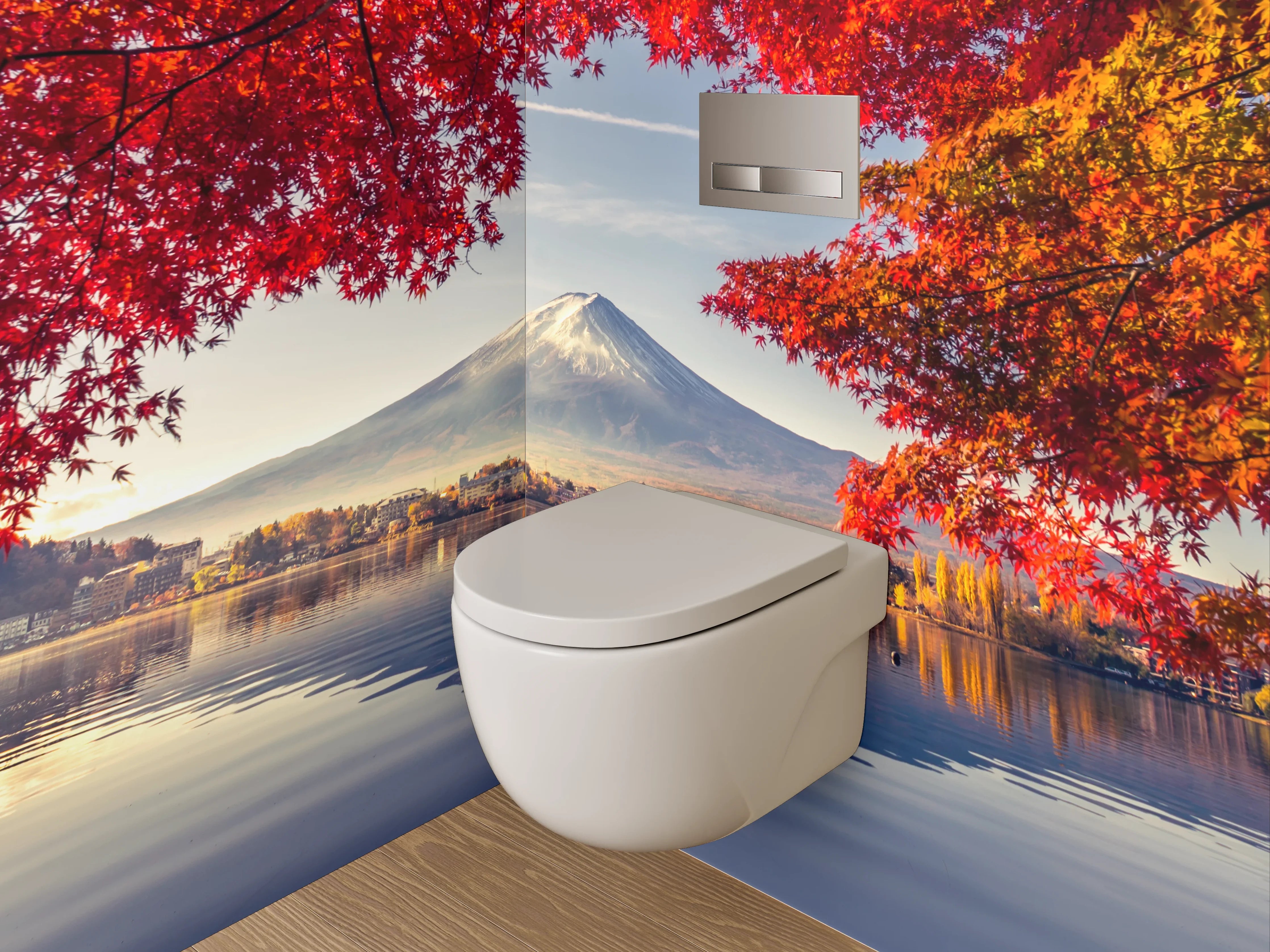WC-Rückwand - Herbstlicher Fuji vor Spiegel-See