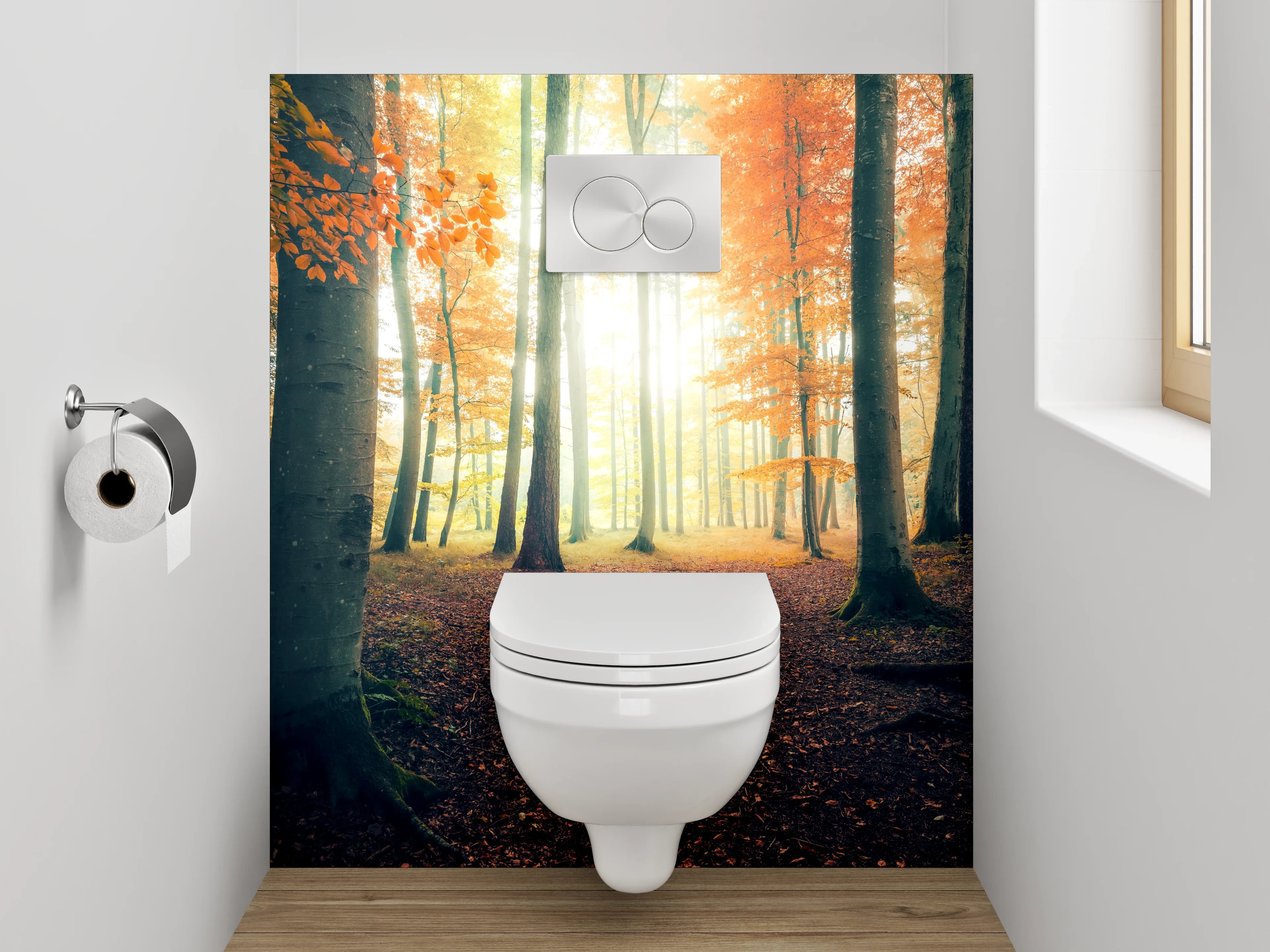 WC-Rückwand - Herbstlicher Lichtwald – Sonnenstrahlen im Wald