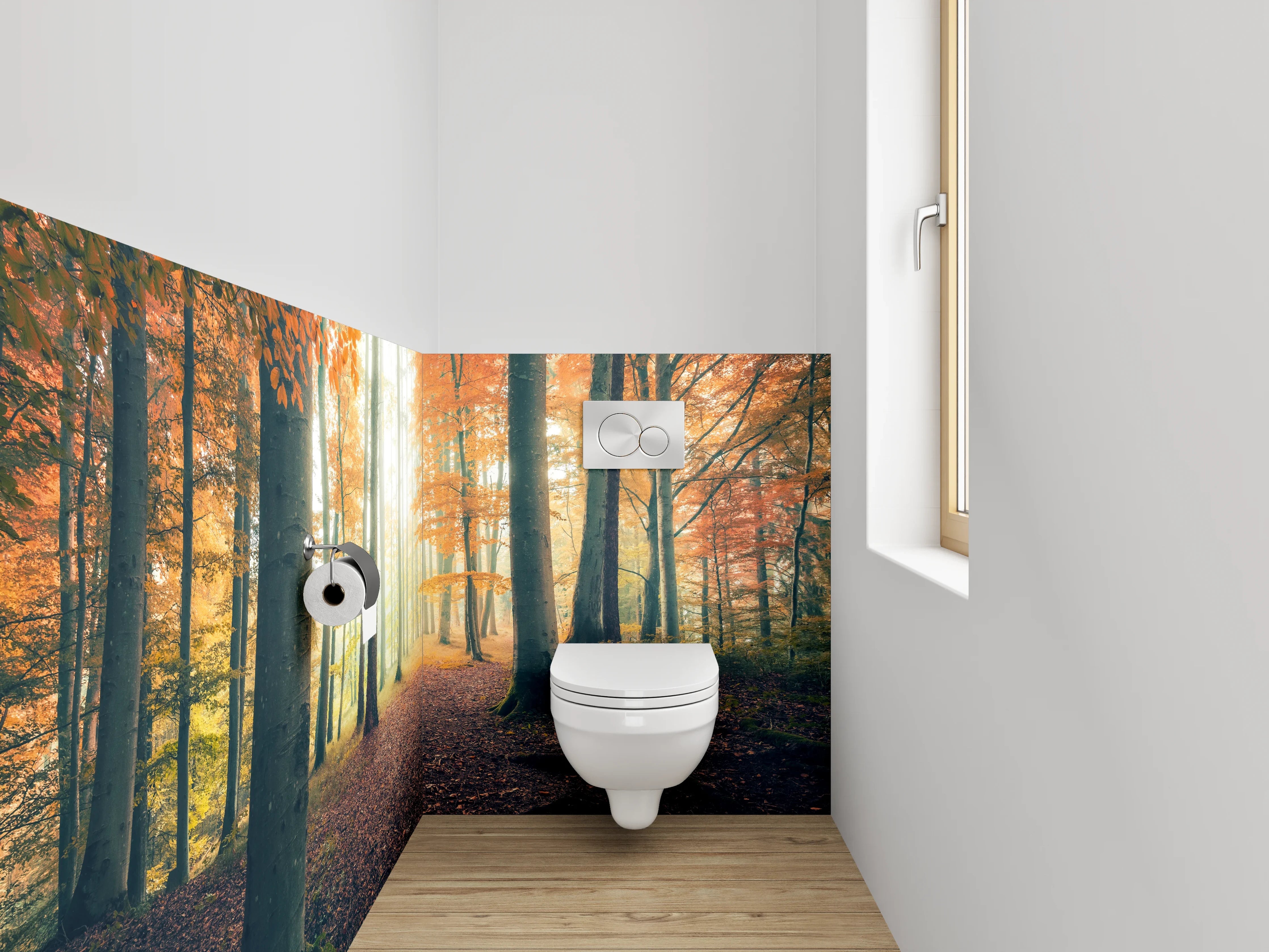 WC-Rückwand - Herbstlicher Lichtwald – Sonnenstrahlen im Wald