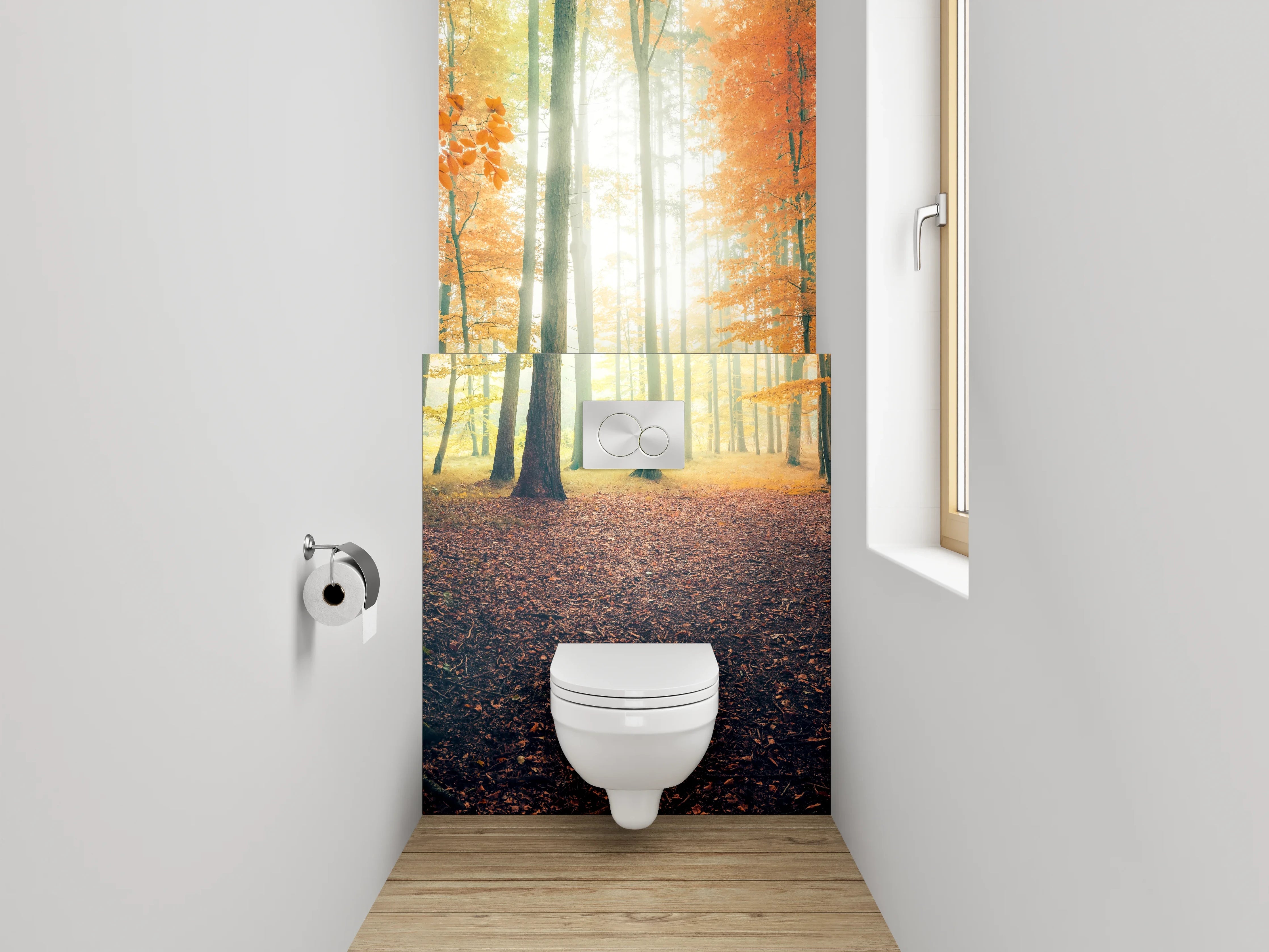 WC-Rückwand - Herbstlicher Lichtwald – Sonnenstrahlen im Wald