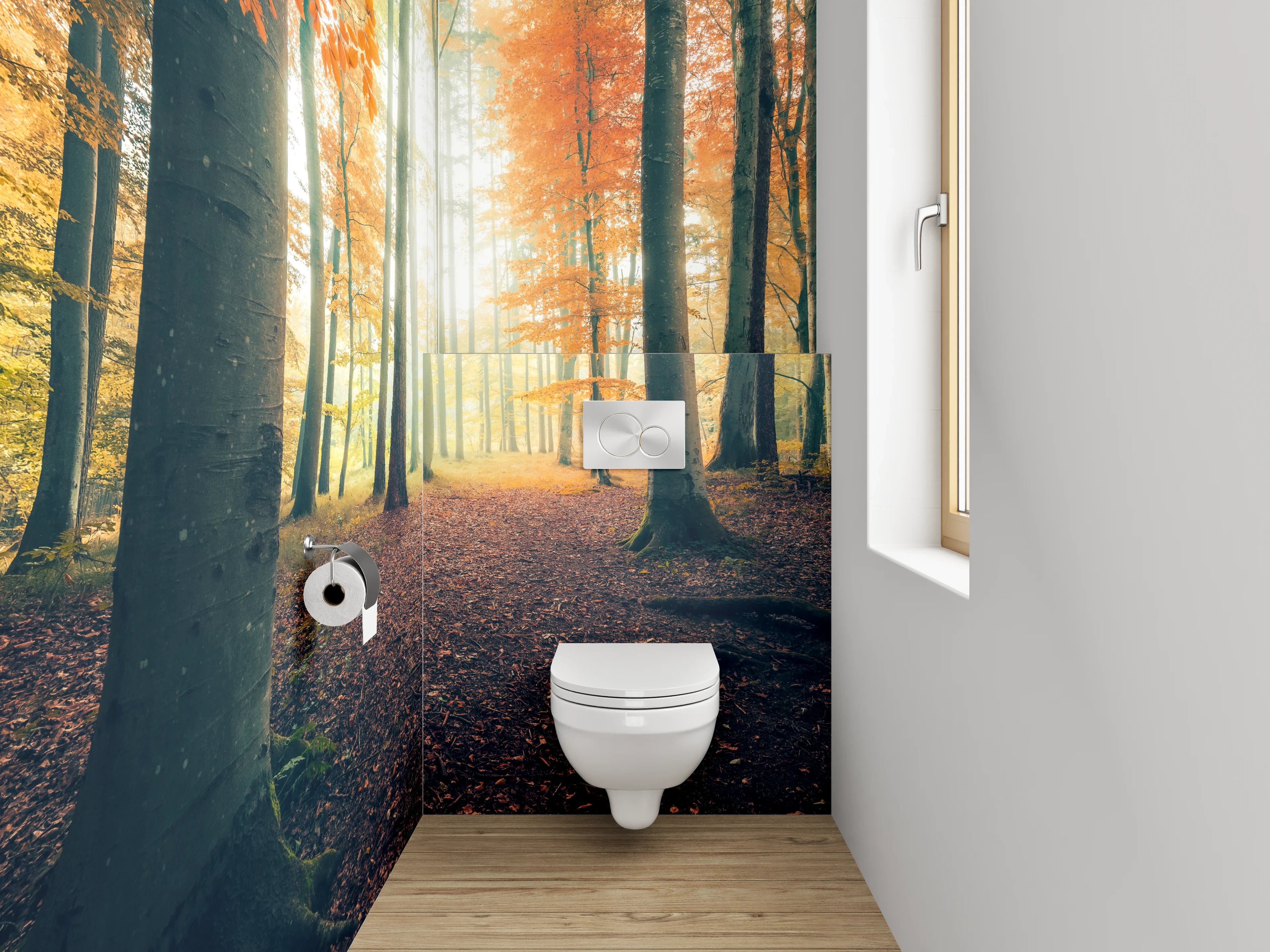 WC-Rückwand - Herbstlicher Lichtwald – Sonnenstrahlen im Wald